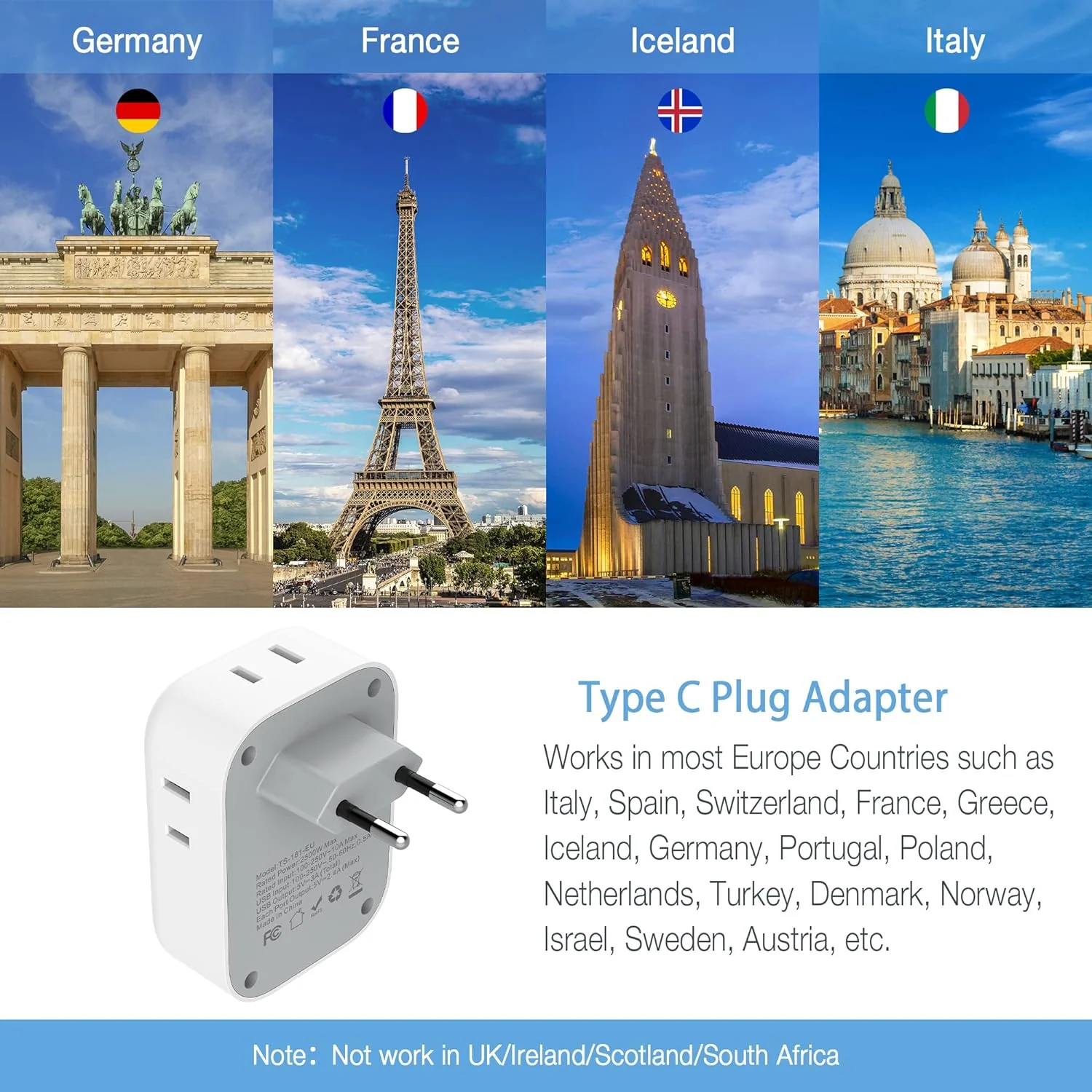 TESSAN European Travel Adapter(US To EU) With USB Ports, to Most of Europe, Iceland Spain Italy France Germany - Image 4