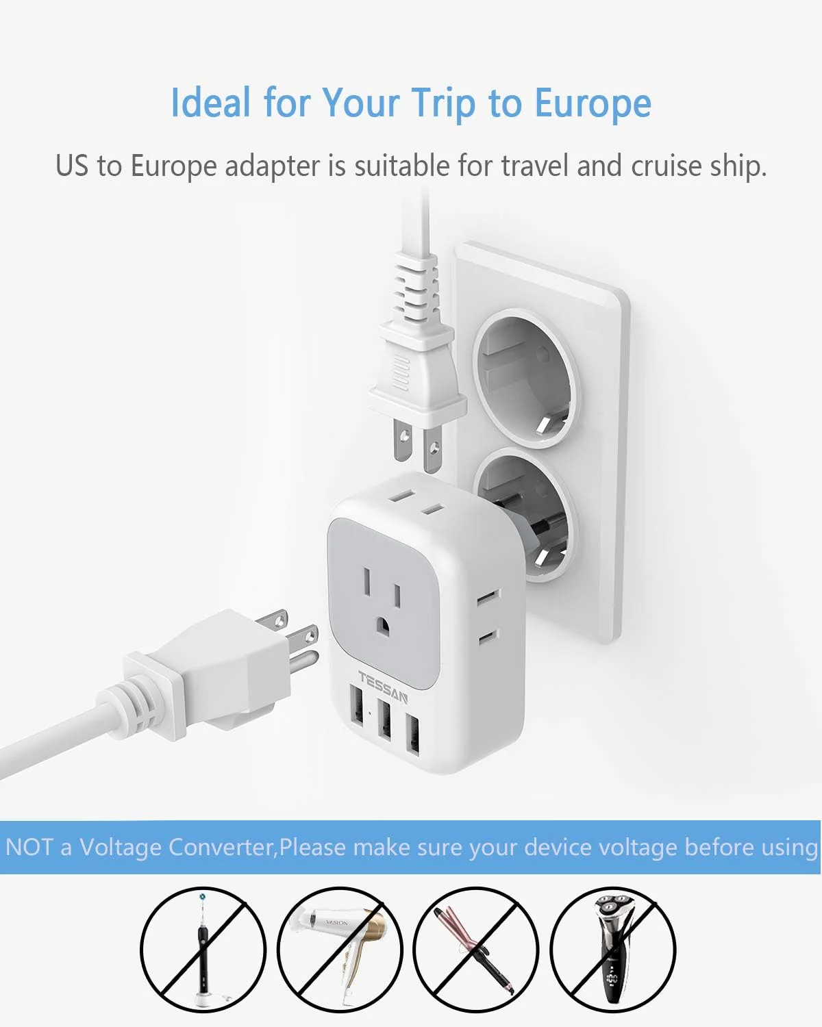 TESSAN European Travel Adapter(US To EU) With USB Ports, to Most of Europe, Iceland Spain Italy France Germany - Image 5