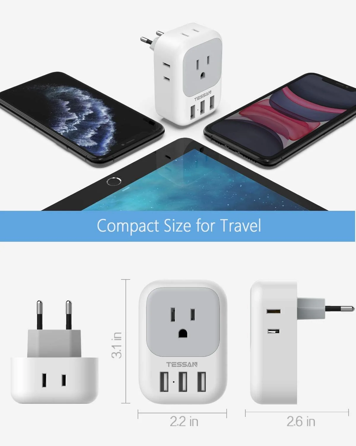 TESSAN European Travel Adapter(US To EU) With USB Ports, to Most of Europe, Iceland Spain Italy France Germany - Image 6