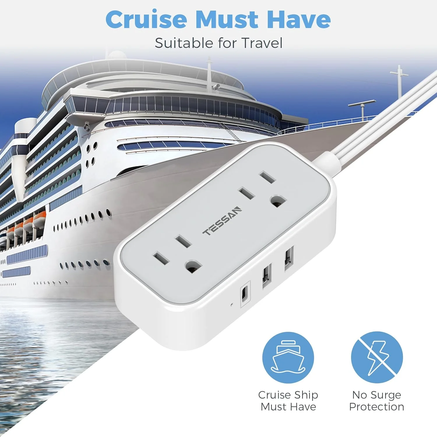 Tessan Flat Plug Power Strip 3 USB Ports 105 - Image 3