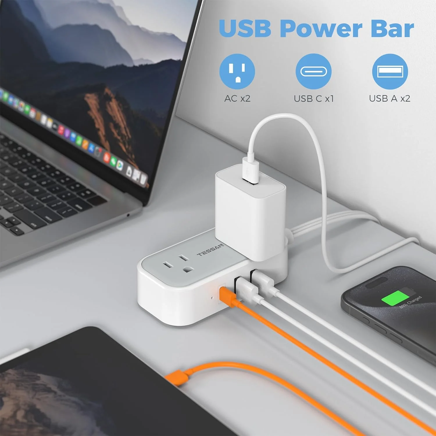 Tessan Flat Plug Power Strip 3 USB Ports 105 - Image 4