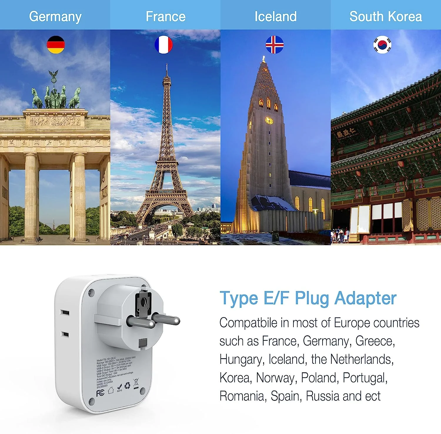 TESSAN Germany France Power Adaptor with 3 USB Charger Ports(1 USB C), 2 Pack - Image 4