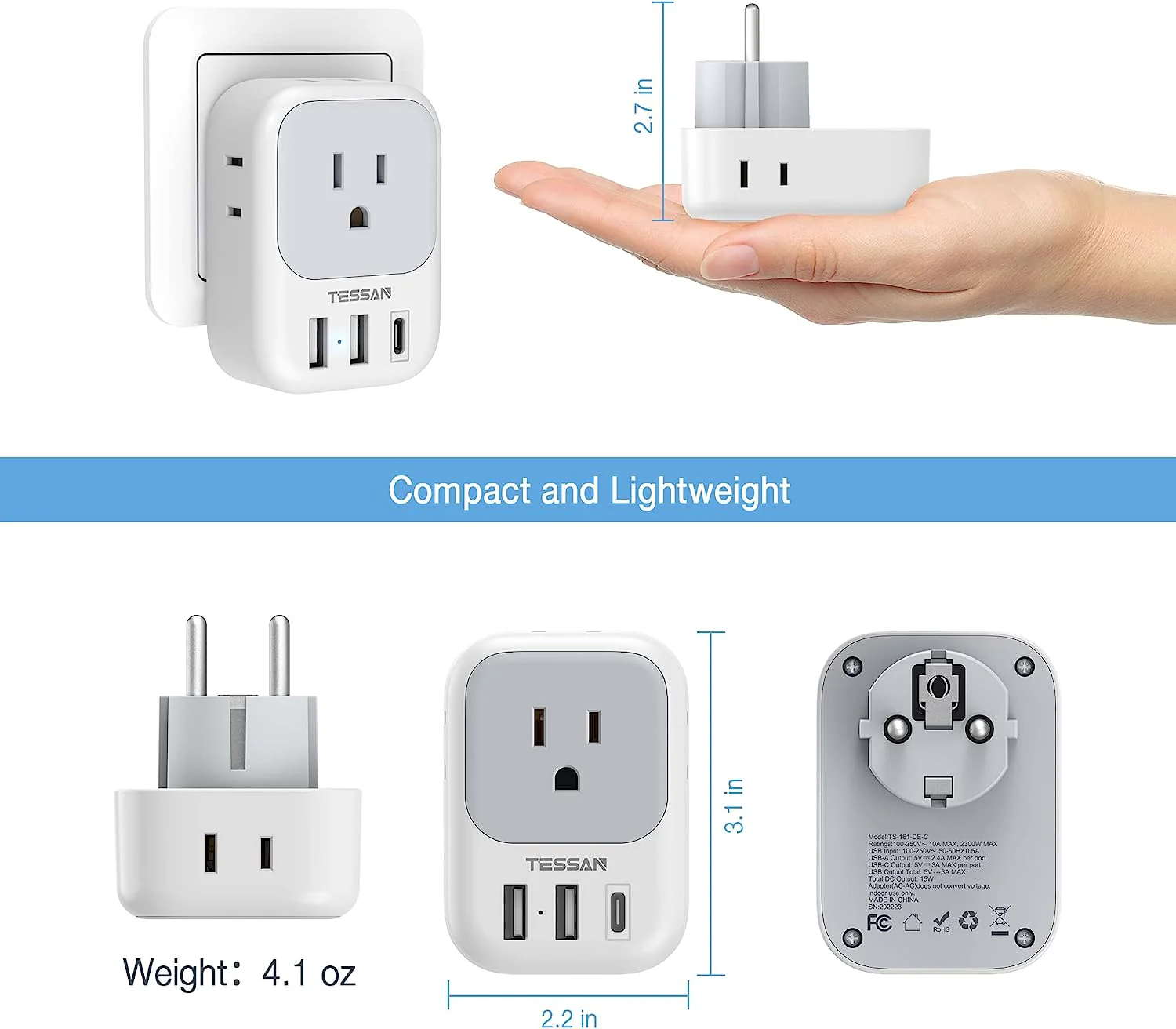 TESSAN Germany France Power Adaptor with 3 USB Charger Ports(1 USB C), 2 Pack - Image 5