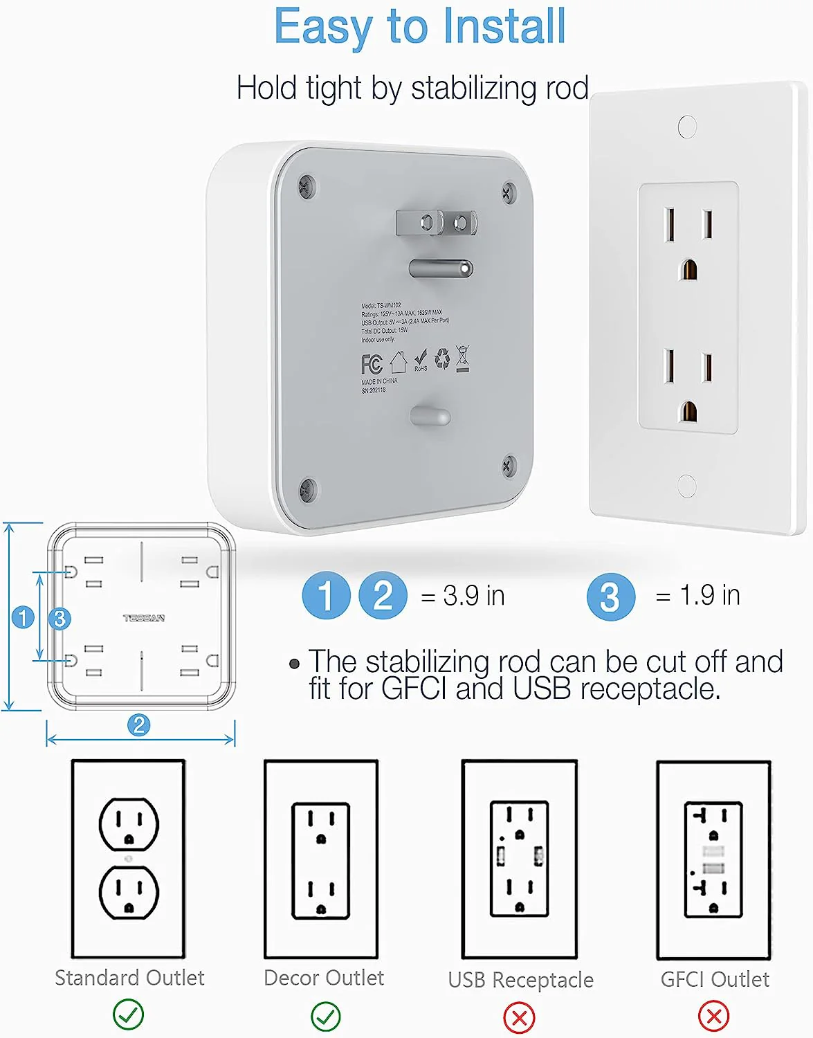 TESSAN Multi Plug USB Wall Charger with 4AC & 3 USB (1 USB C Port) - Image 5