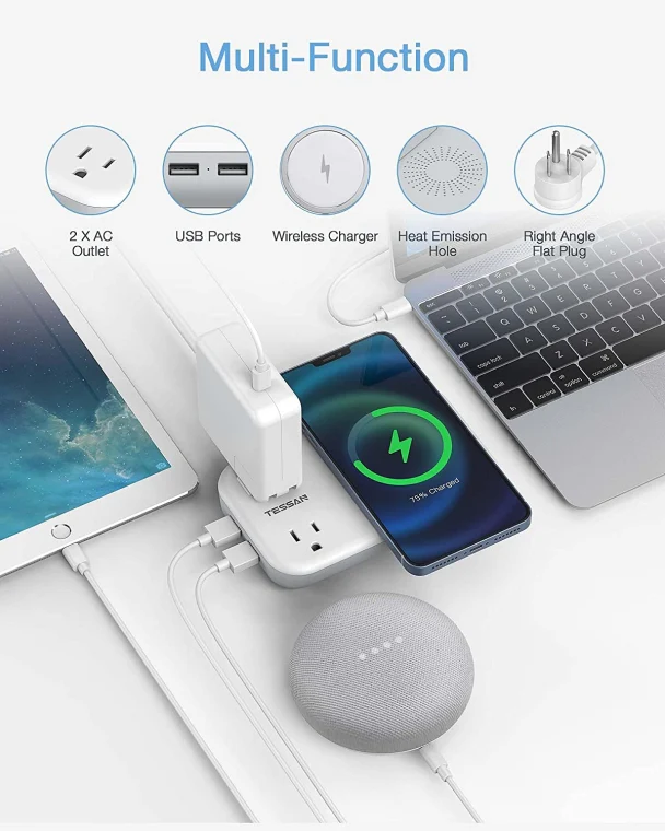 Wireless Charger Power Strip 4 FT Extension Cord With 2 Outlets 2 USB Ports - Image 3