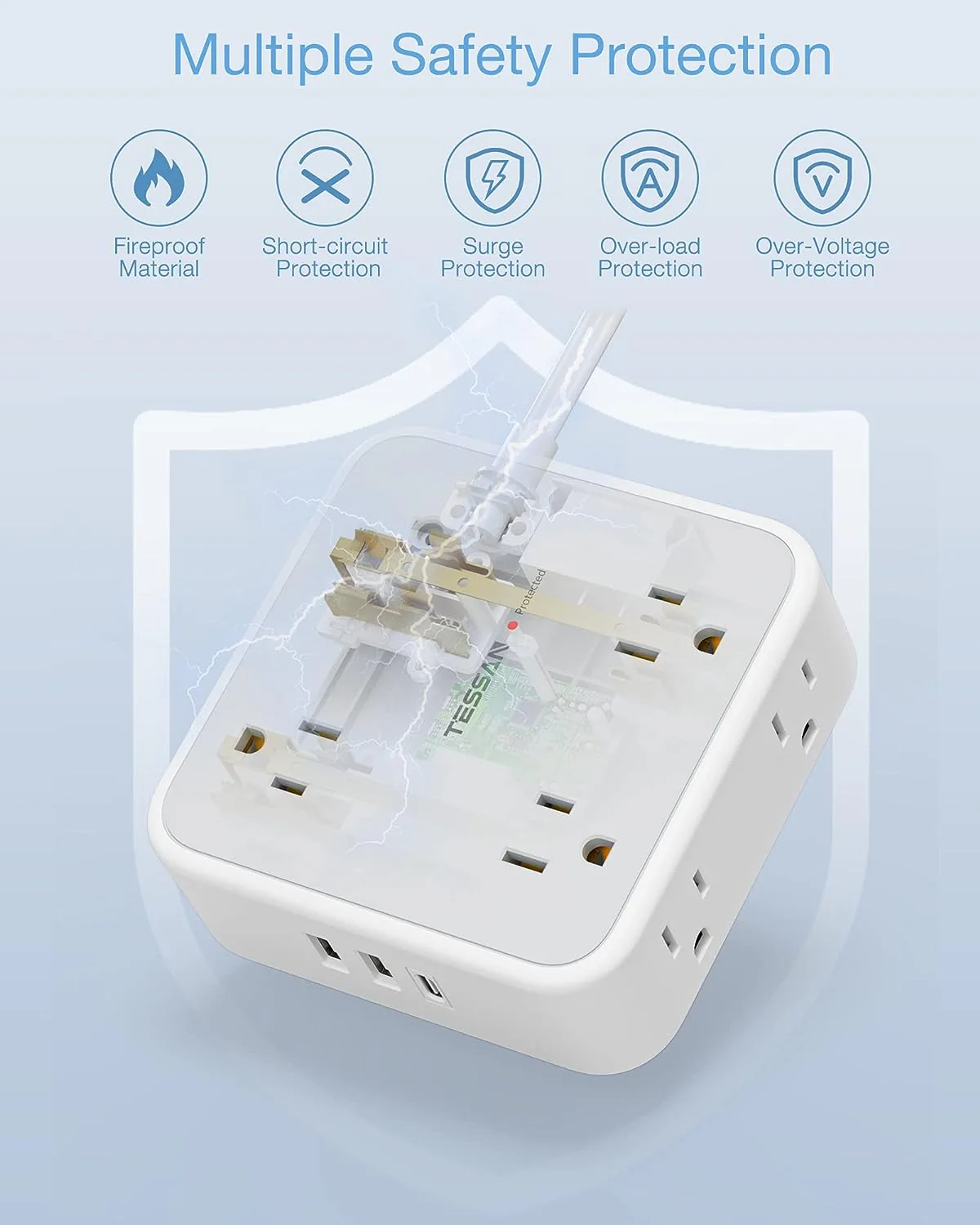 TESSAN Surge Protector Power Strip with 8 AC Outlets, 3 USB(1 USB C) - Image 5
