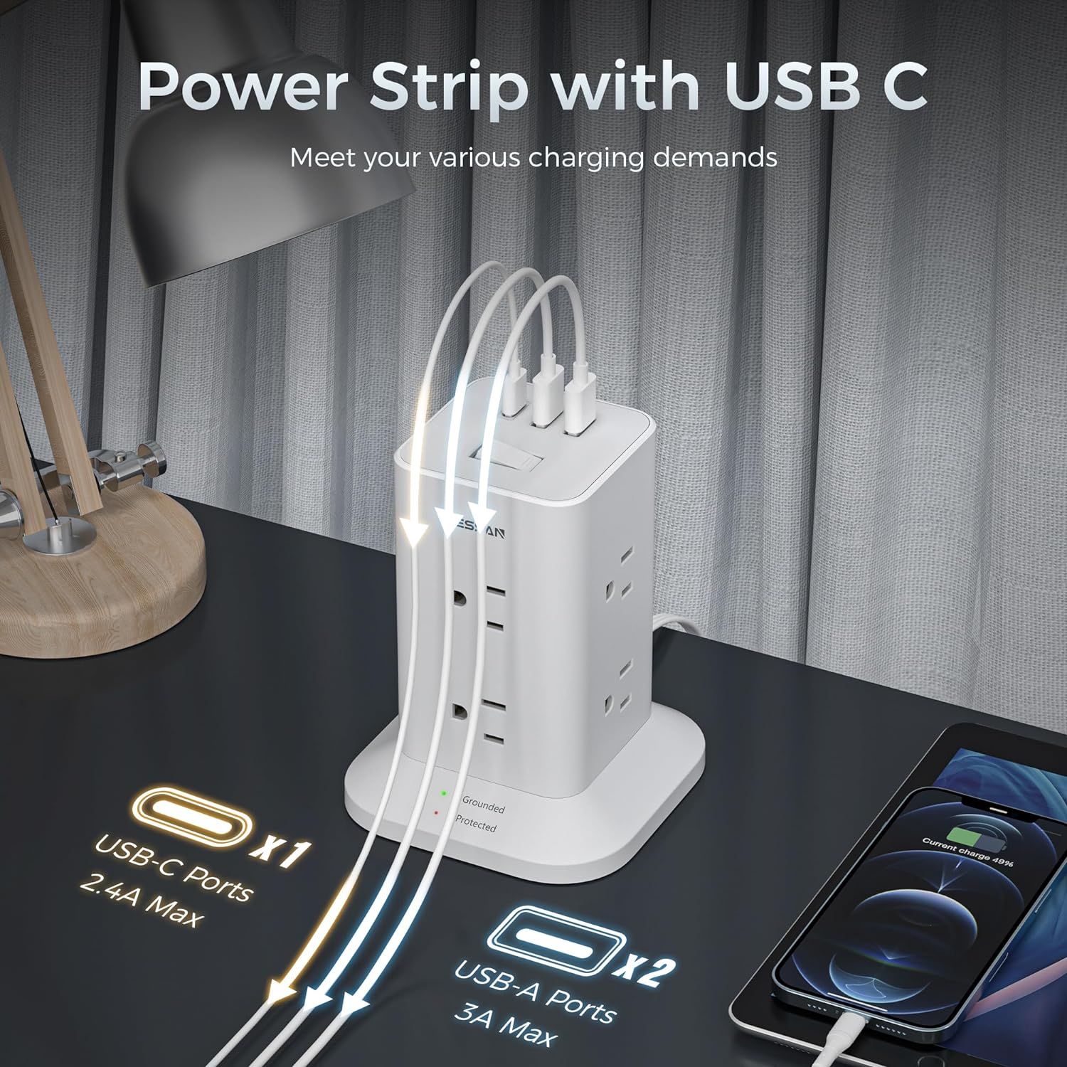 TESSAN Space-Saving Tower Strip With USB Ports, Surge Protection, Convenient ON/OFF Switch - Image 3