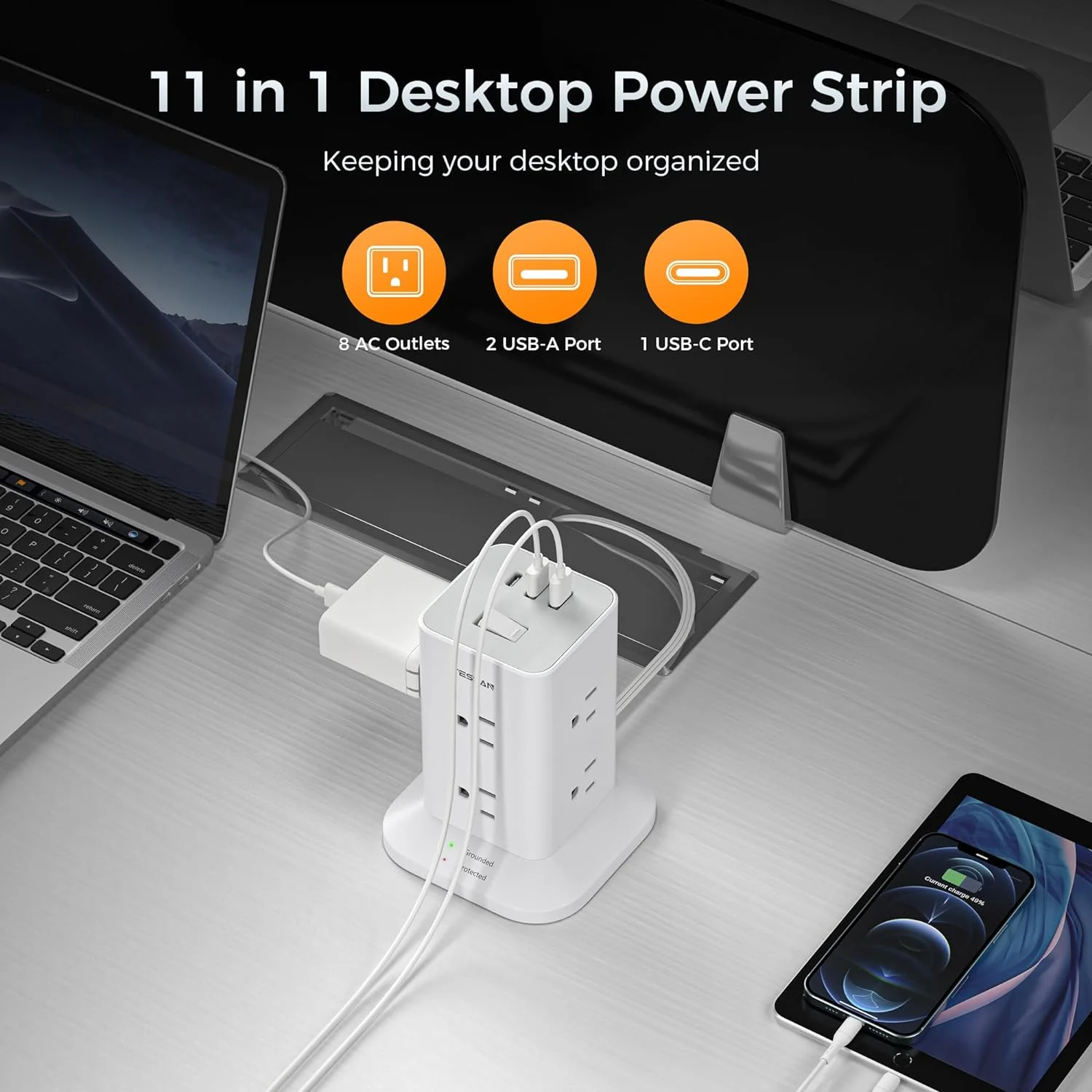 TESSAN Space-Saving Tower Strip With USB Ports, Surge Protection, Convenient ON/OFF Switch - Image 4