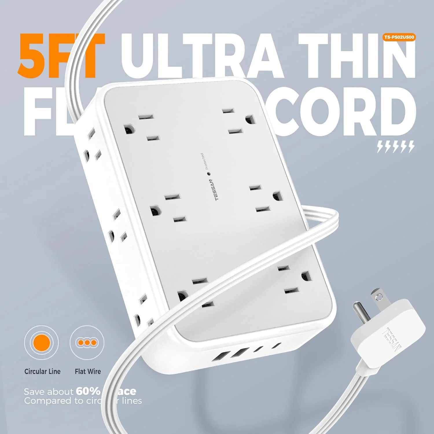Tessan Flat Extension Cord Surge Protector Power Strip PS02 - Image 7