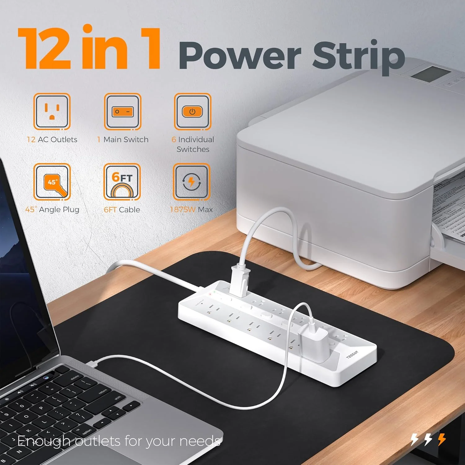 TESSAN 12 Outlets Surge Protector Power Strip 6FT - Image 5