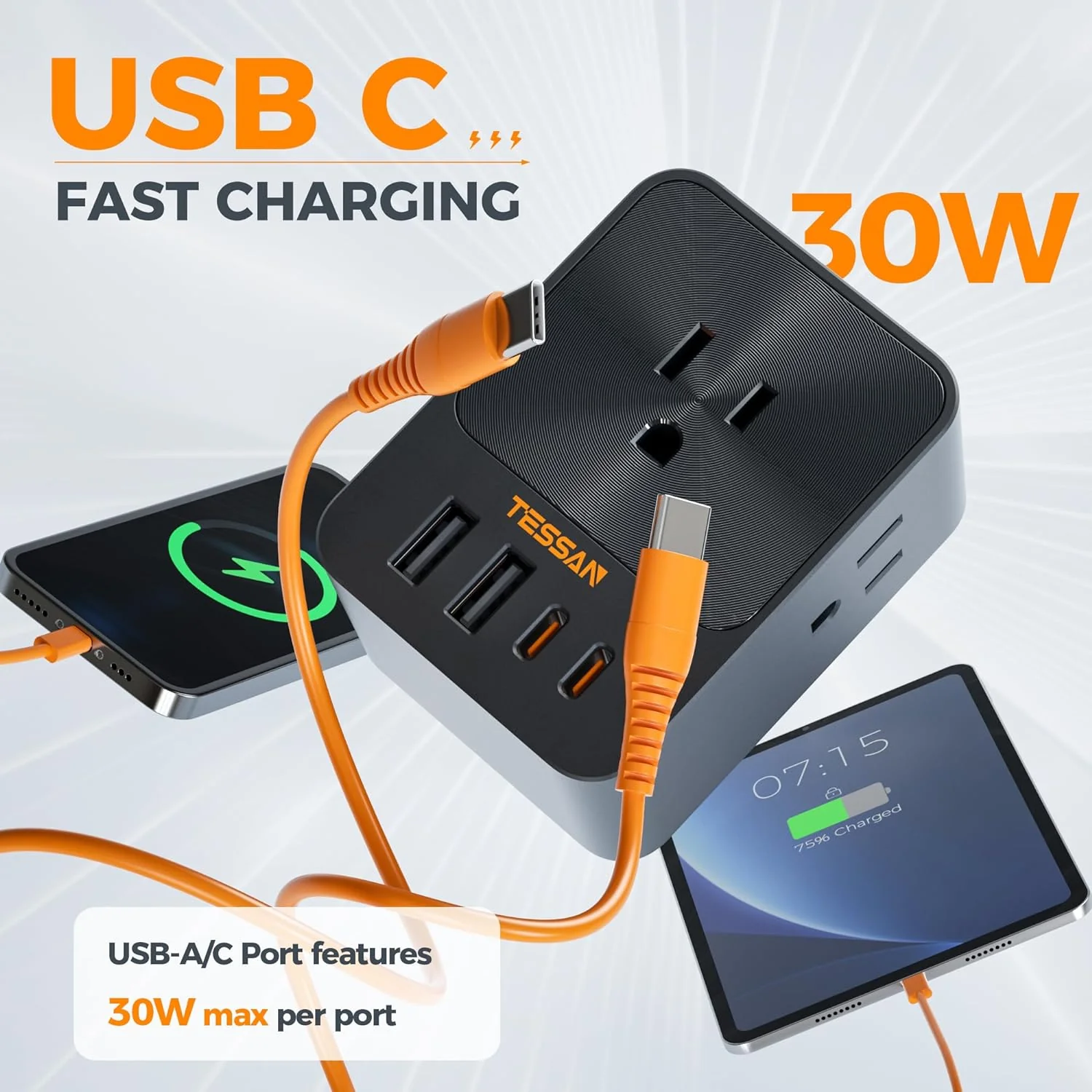 TESSAN Outlet Extender With USB Ports, Surge Protection, 30W Fast Charging - Image 4
