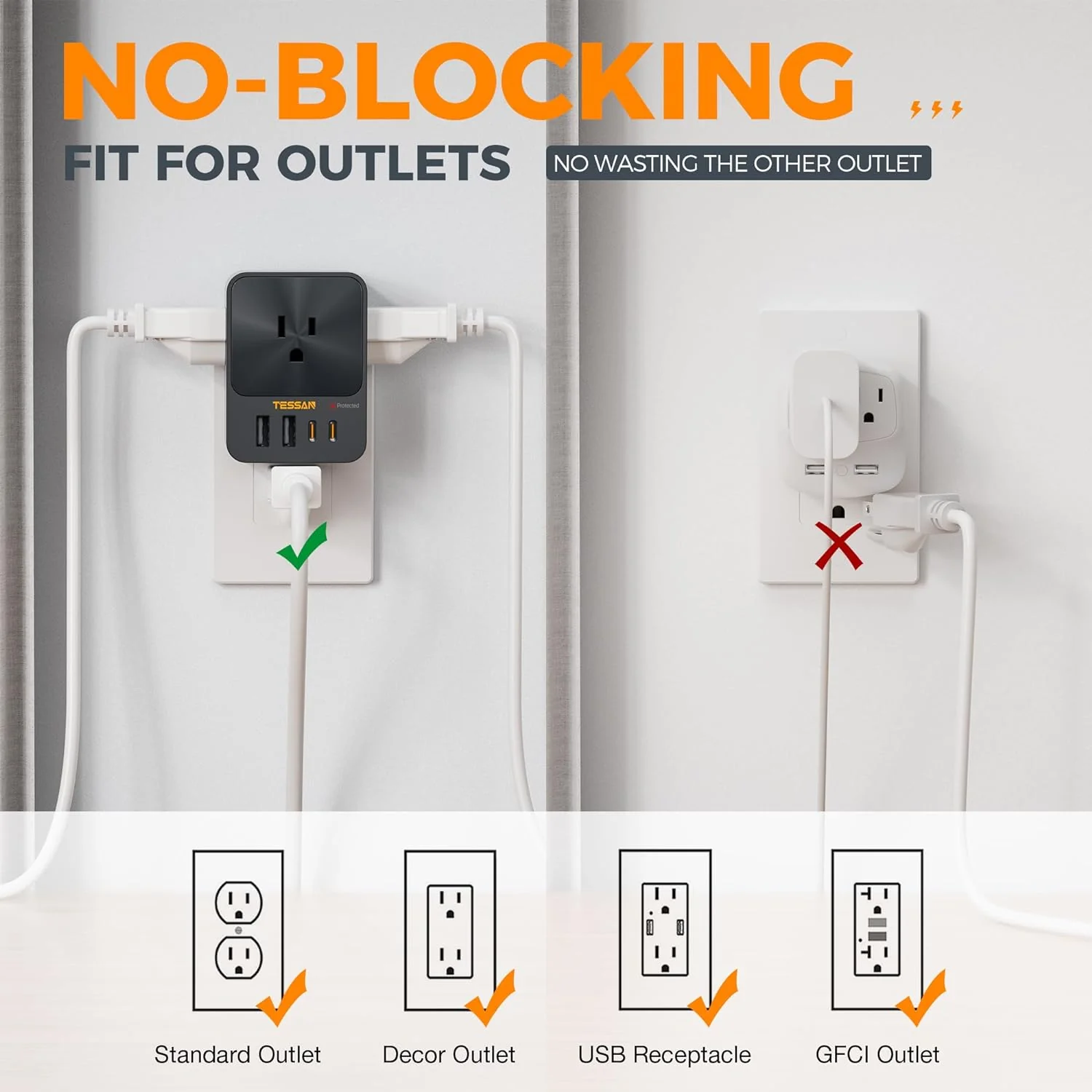 TESSAN Outlet Extender With USB Ports, Surge Protection, 30W Fast Charging - Image 7