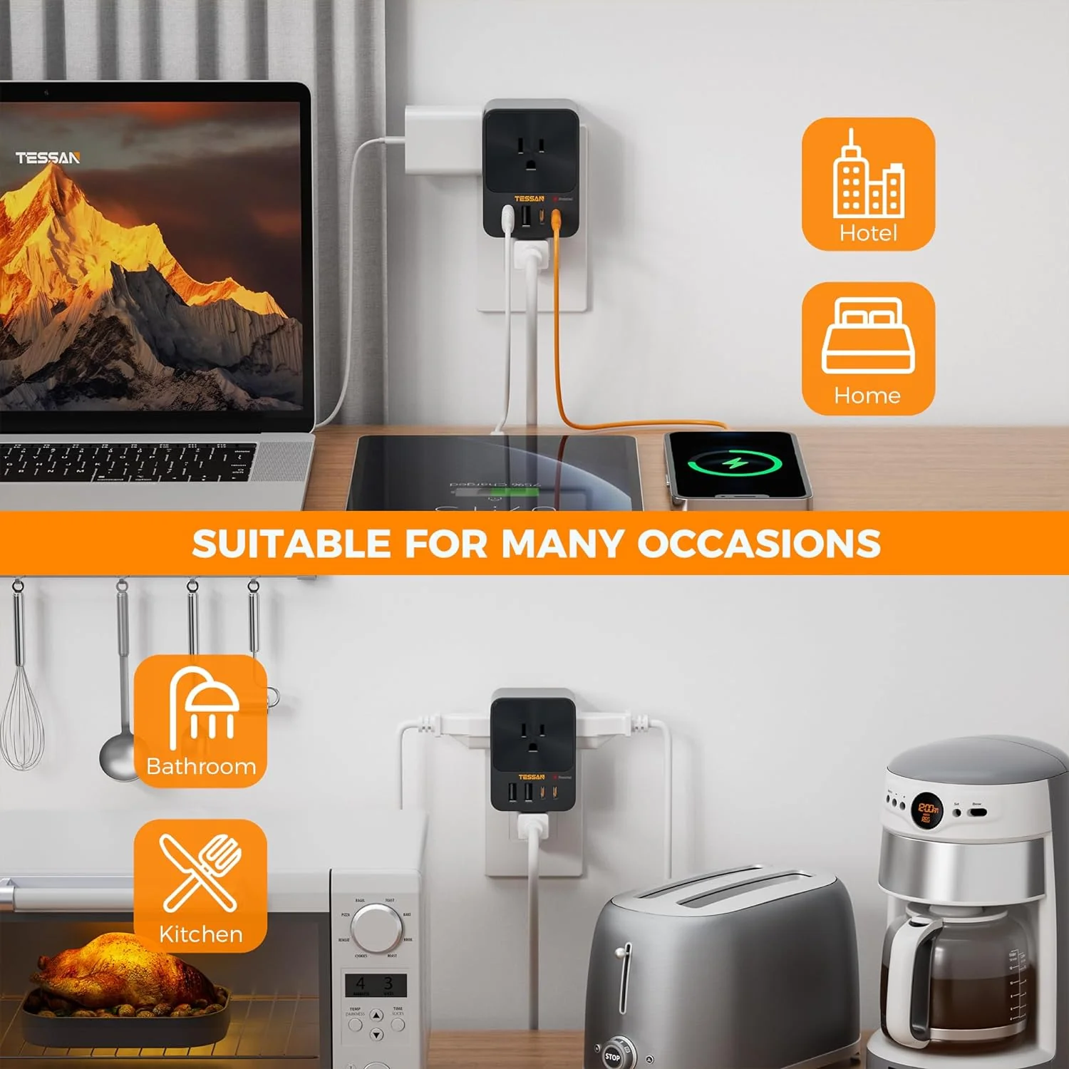 TESSAN Outlet Extender With USB Ports, Surge Protection, 30W Fast Charging - Image 9