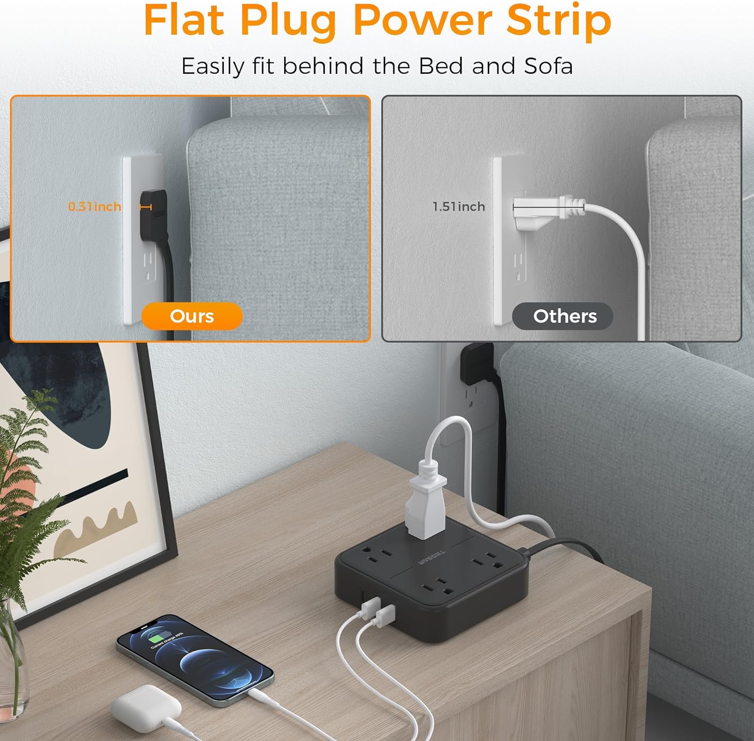 TESSAN 4 AC Outlets Surge Protector Extension Cord, Black Flat Plug Power Strip with 3 USB Ports (1 USB C) - Image 3