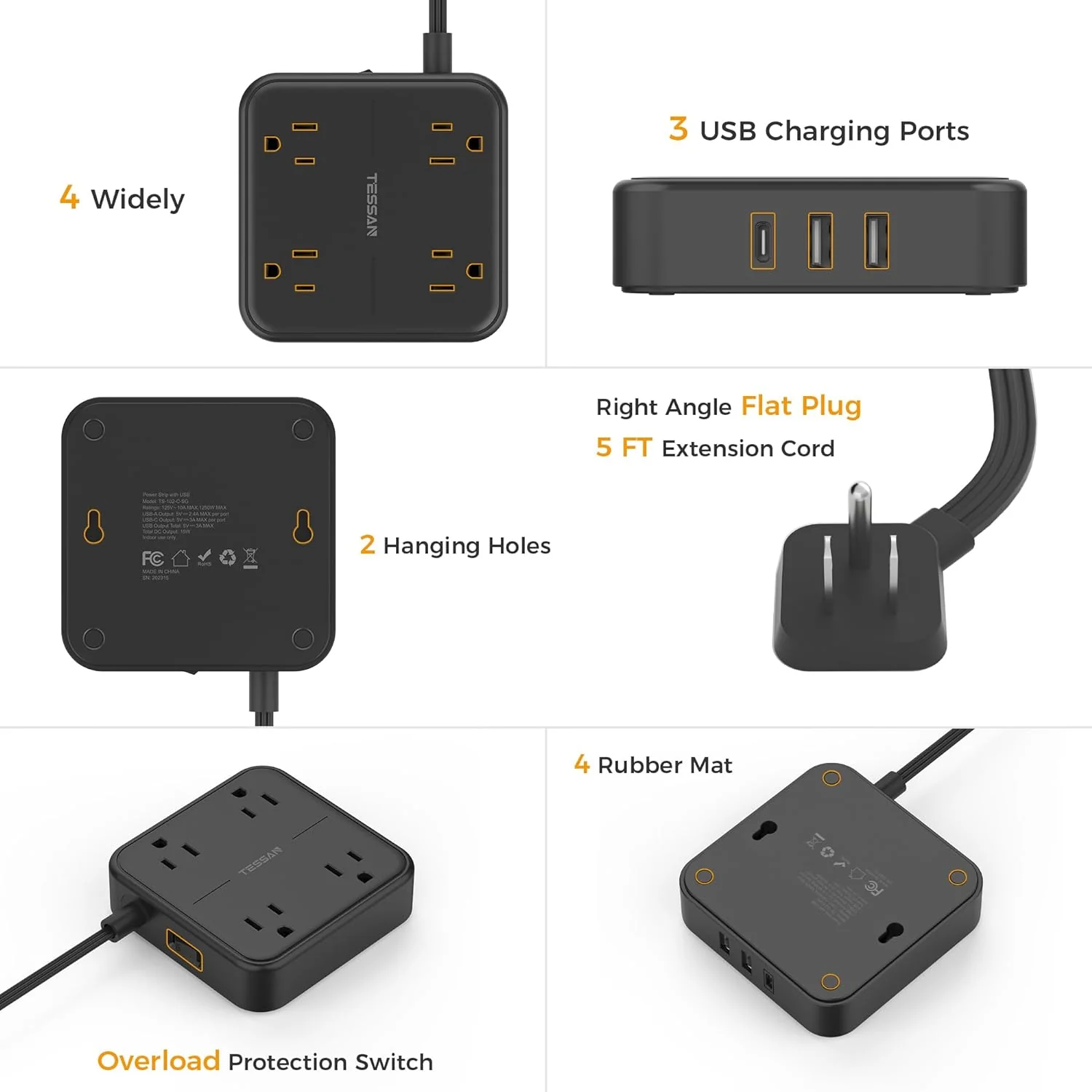 TESSAN 4 AC Outlets Surge Protector Extension Cord, Black Flat Plug Power Strip with 3 USB Ports (1 USB C) - Image 6