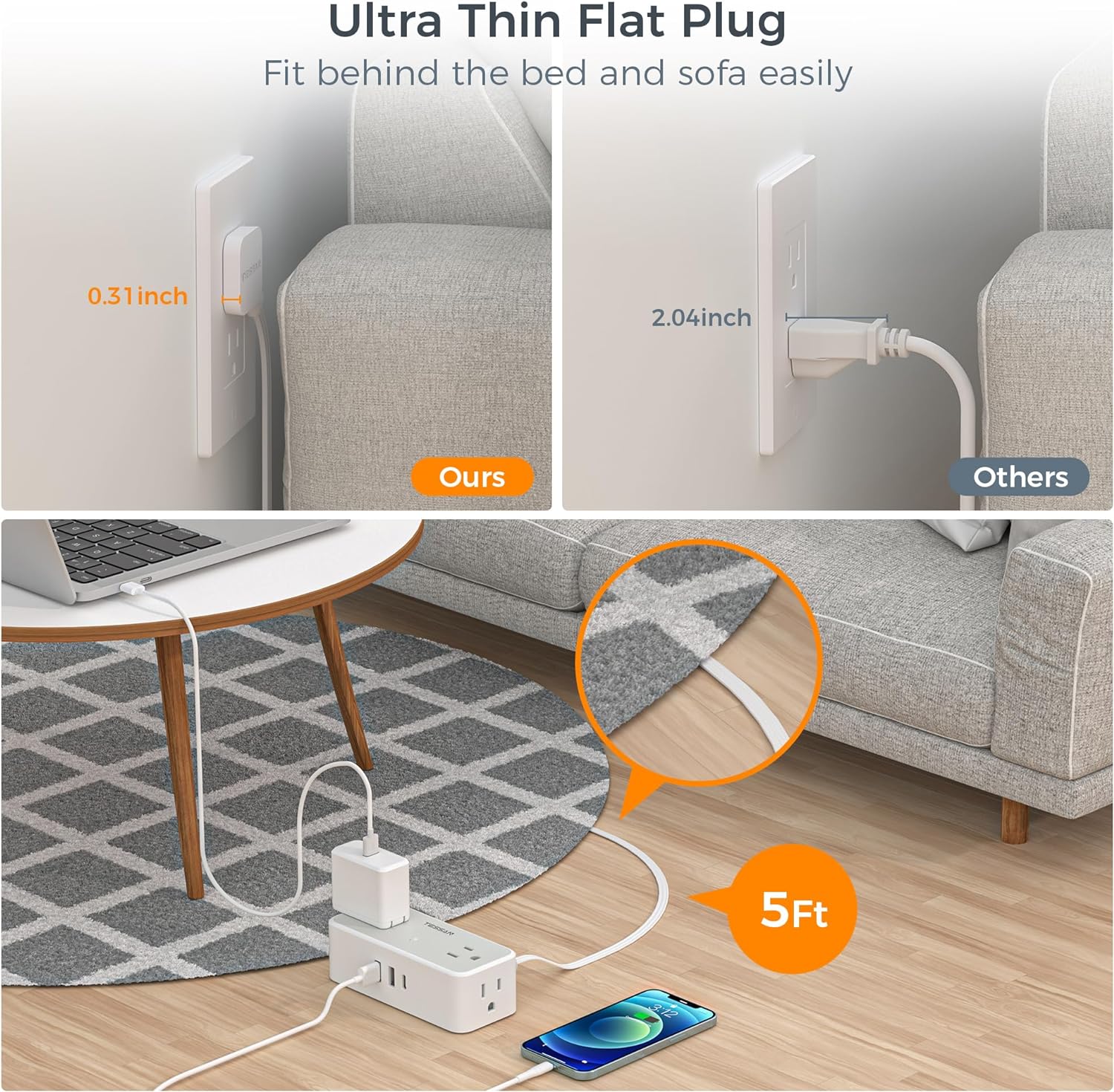 TESSAN 4 Outlets Ultra Thin Flat Plug Power Strip, 3 USB Wall Charger (1 USB C Port), Small Flat Extension Cord - Image 3