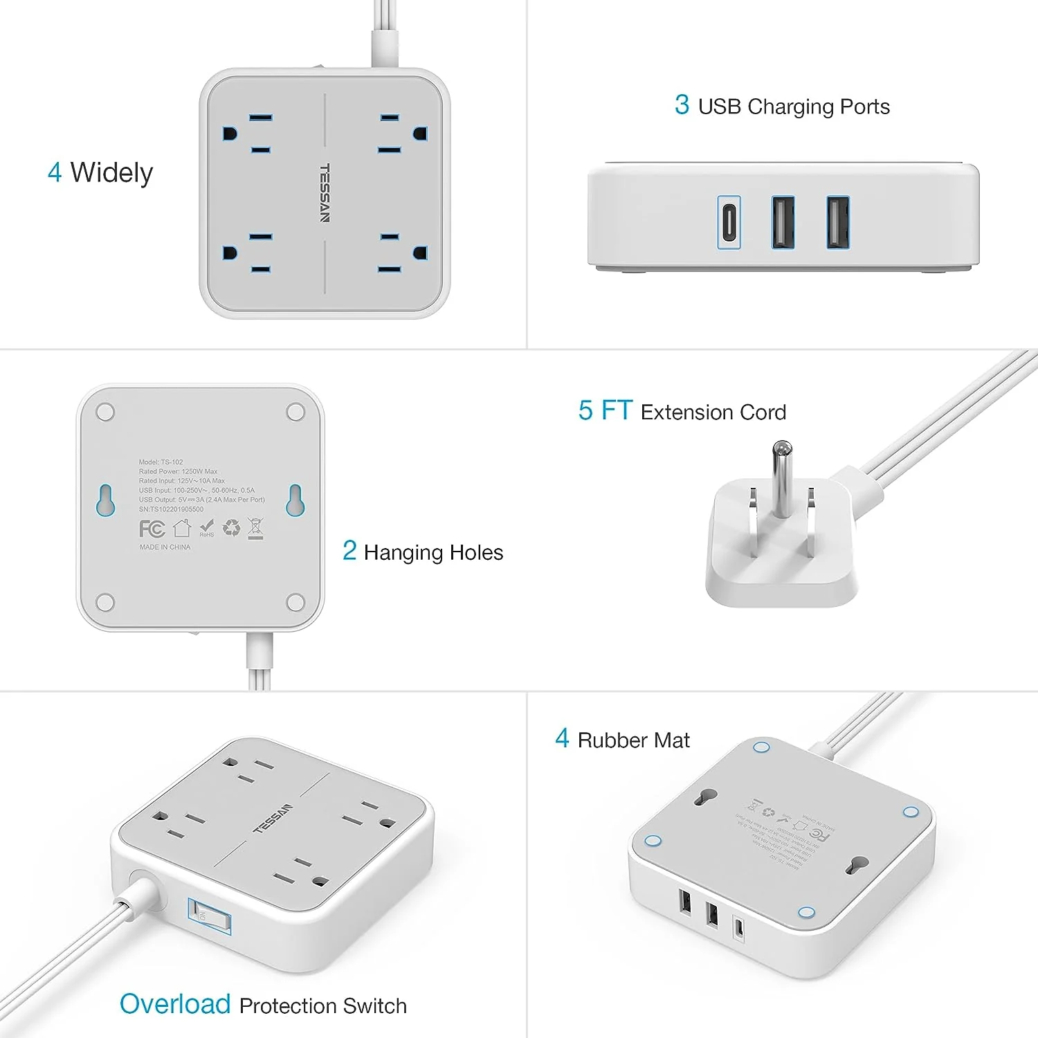 TESSAN 5 ft Ultra Thin Extension Cord with 3 USB Wall Charger(1 USB C Port) - Image 6
