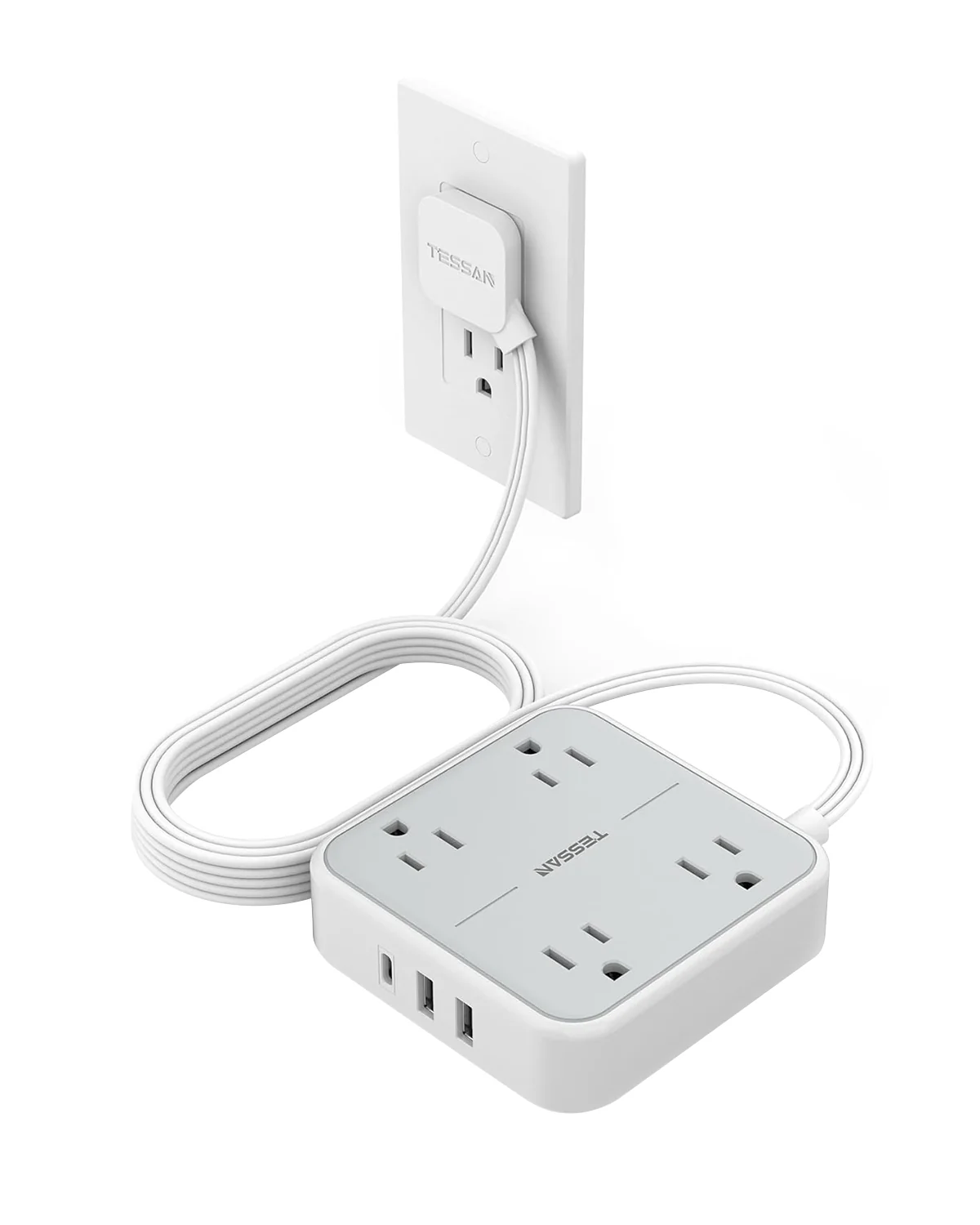 TESSAN 5 ft Ultra Thin Extension Cord with 3 USB Wall Charger(1 USB C Port) - Image 7