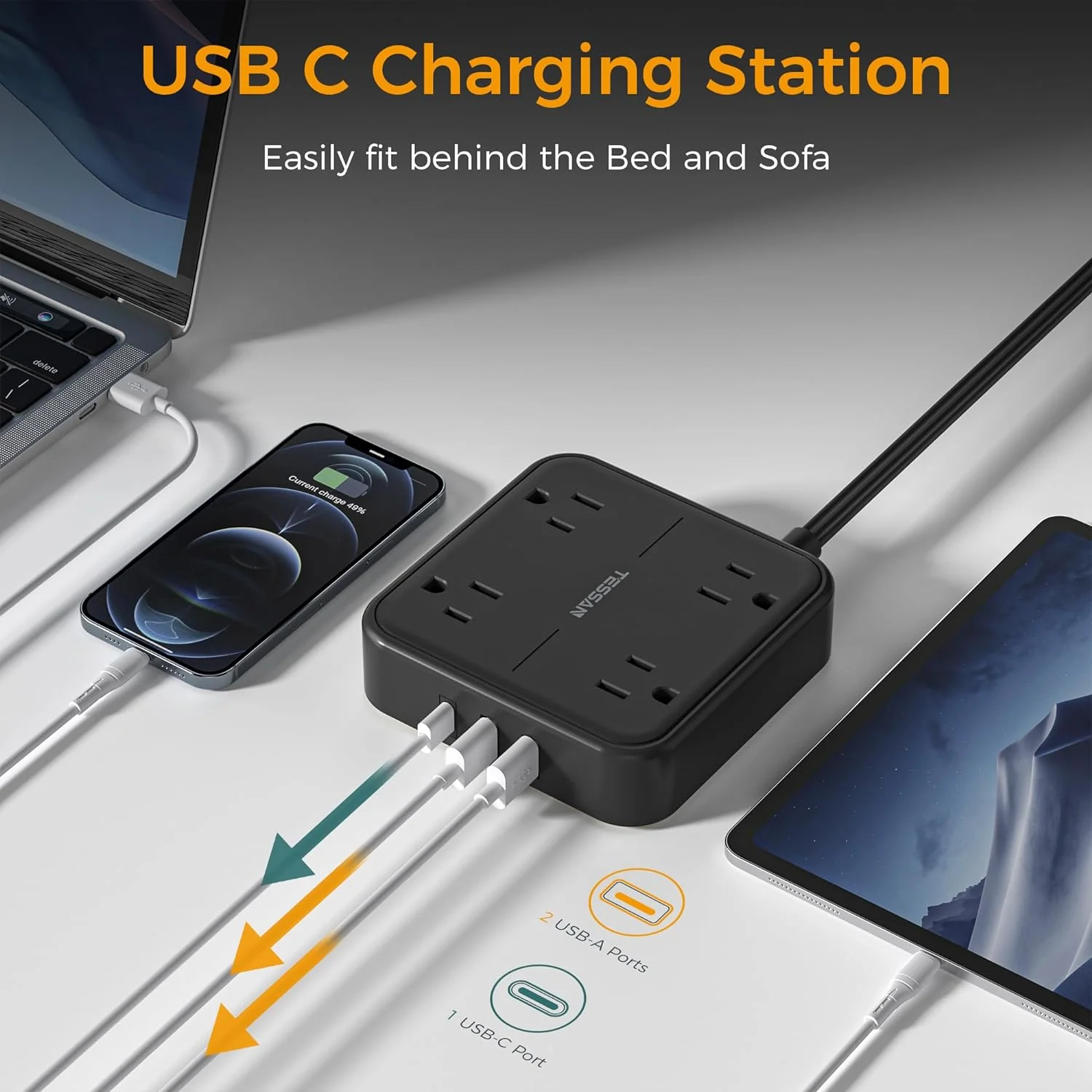 TESSAN 5 ft Ultra Thin Black Extension Cord with 3 USB Wall Charger(1 USB C Port), Flat Plug Power Strip - Image 3