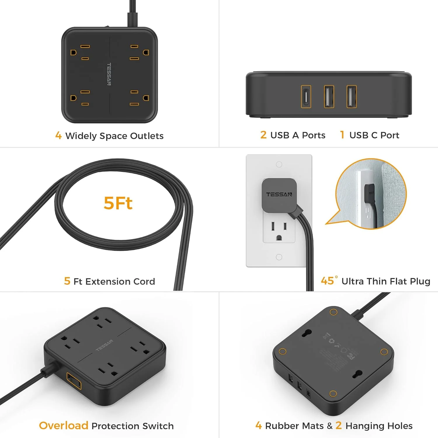 TESSAN 5 ft Ultra Thin Black Extension Cord with 3 USB Wall Charger(1 USB C Port), Flat Plug Power Strip - Image 6