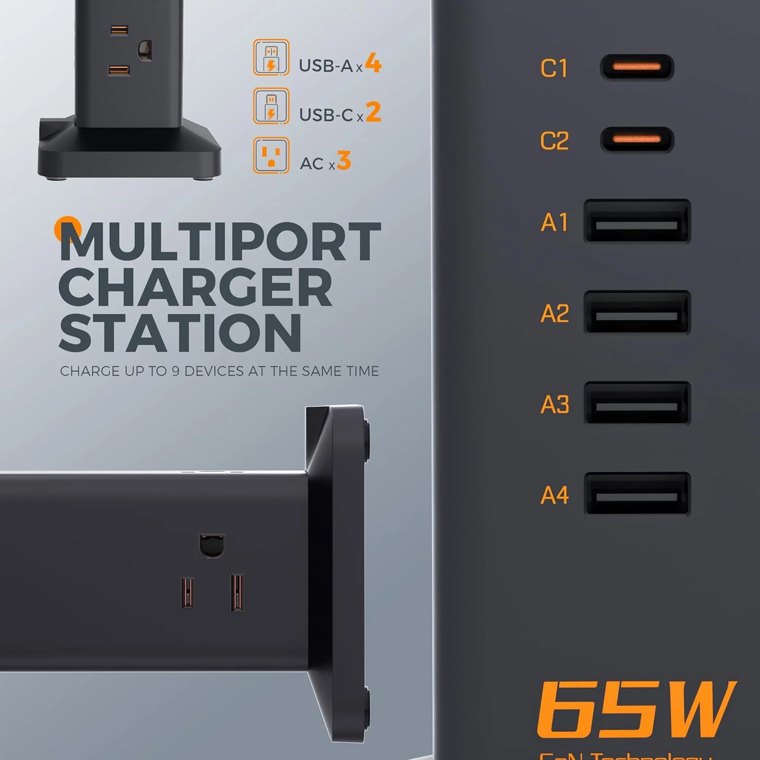 TESSAN Vertical GaN Desktop Power Hub Charging Station with PD - Image 5