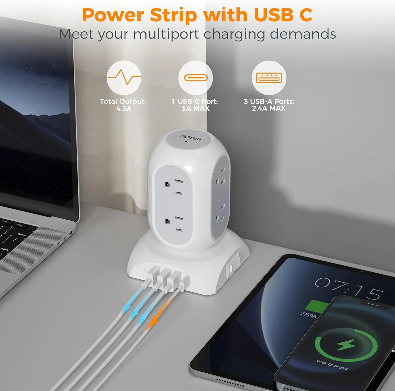 TESSAN Flat Plug Extension Cord 10 Ft with 8 AC Multiple Outlets 4 USB Ports (1 USB C) - Image 3