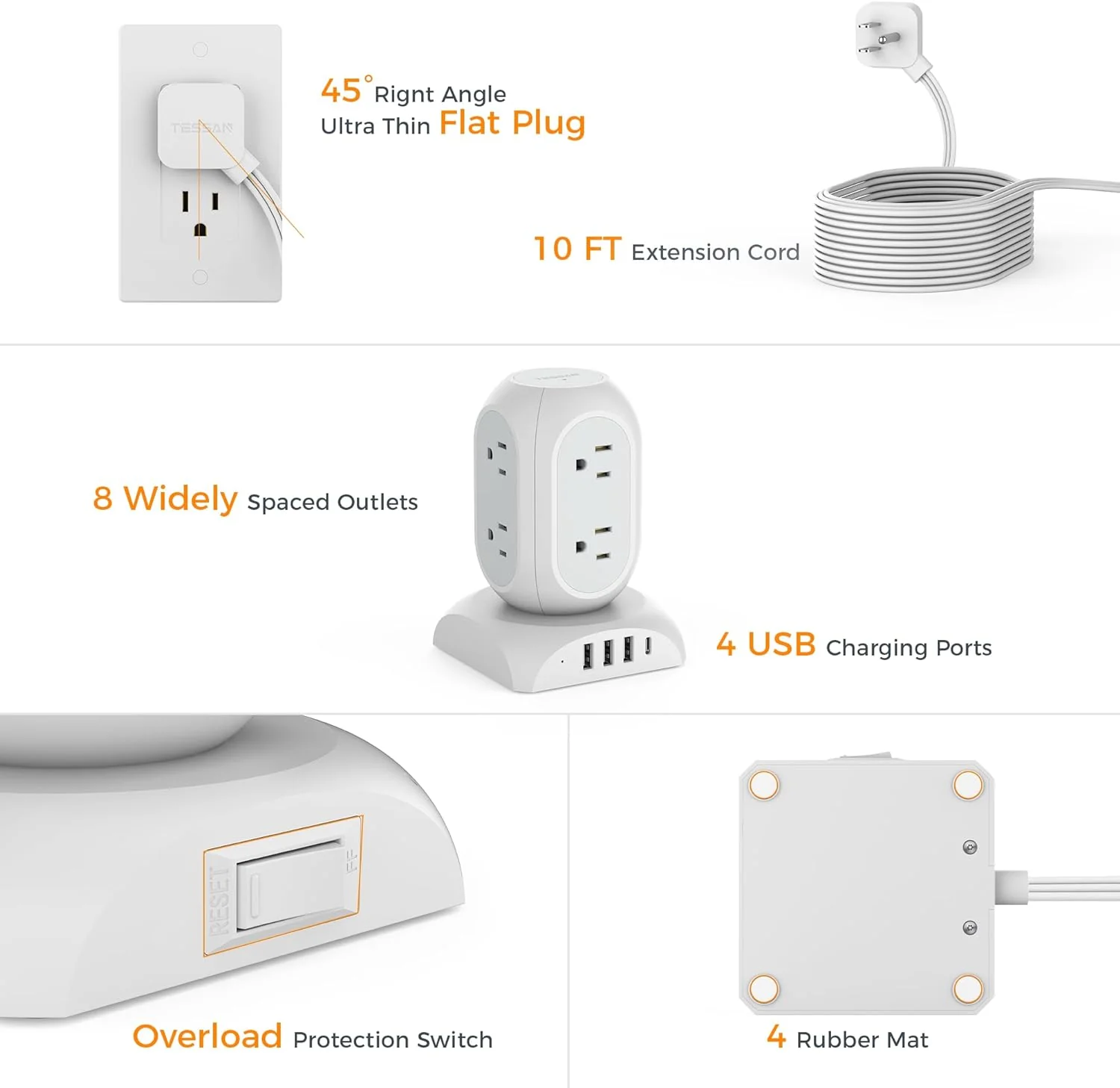 TESSAN Flat Plug Extension Cord 10 Ft with 8 AC Multiple Outlets 4 USB Ports (1 USB C) - Image 4
