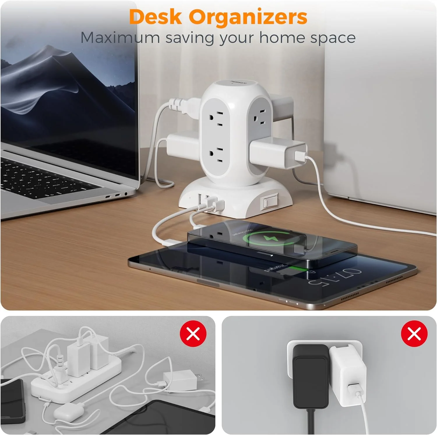 TESSAN Flat Plug Extension Cord 10 Ft with 8 AC Multiple Outlets 4 USB Ports (1 USB C) - Image 6