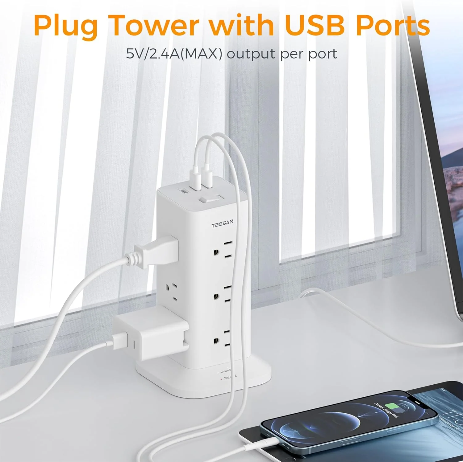 TESSAN Flat Plug Tower Strip With USB Ports (12 AC + 2 USB A + 1 USB C), Extended Flat Cord, Surge Protection - Image 4