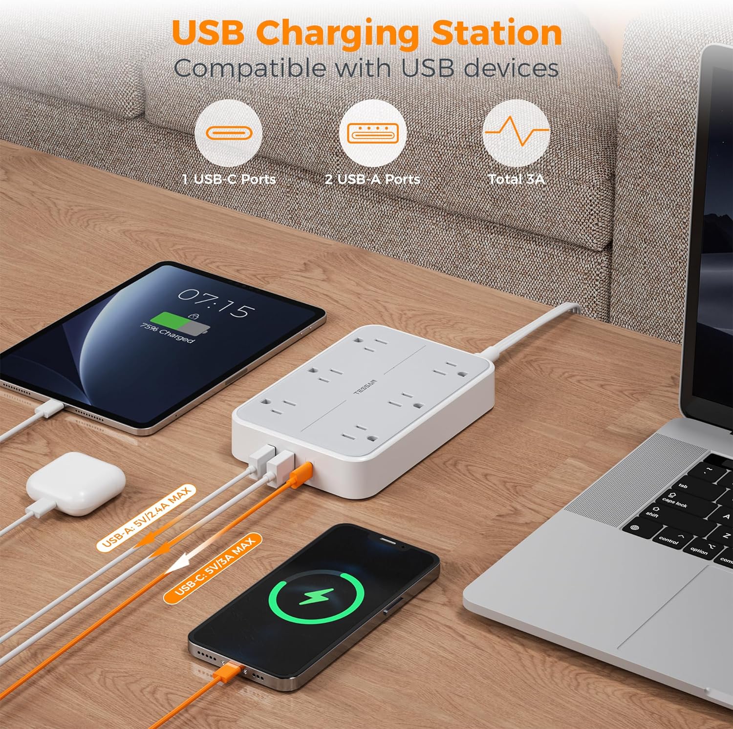 TESSAN Flat Plug Ultra Thin Extension Cord with 6 Wide-Spaced Outlets 3 USB Ports (1 USB C Port), Surge Protector Power Strip 10 ft - Image 3