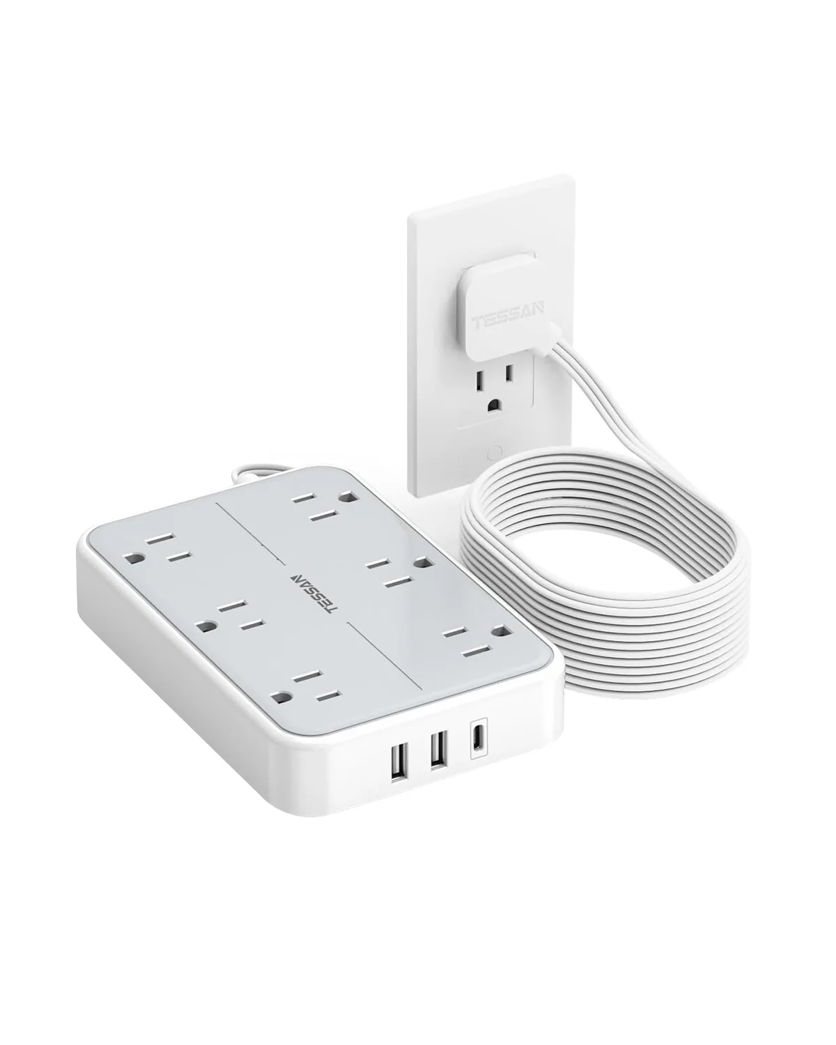 TESSAN Flat Plug Ultra Thin Extension Cord with 6 Wide-Spaced Outlets 3 USB Ports (1 USB C Port), Surge Protector Power Strip 10 ft - Image 8