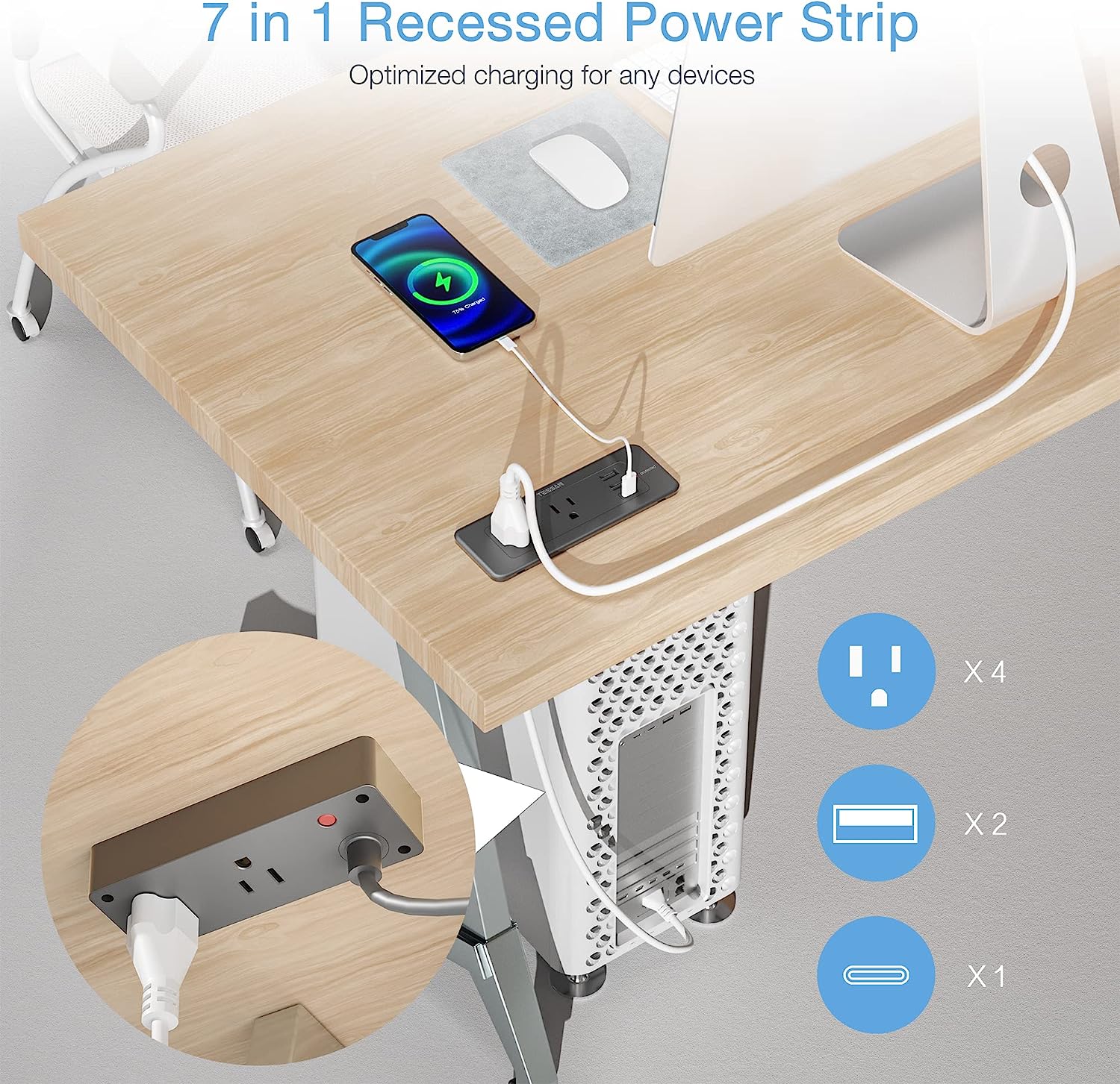 TESSAN Ultra-Thin Flat Plug 5ft with 4 Outlets 3 USB Charger(1 USB C Port), Recessed Power Strip Surge Protector - Image 4