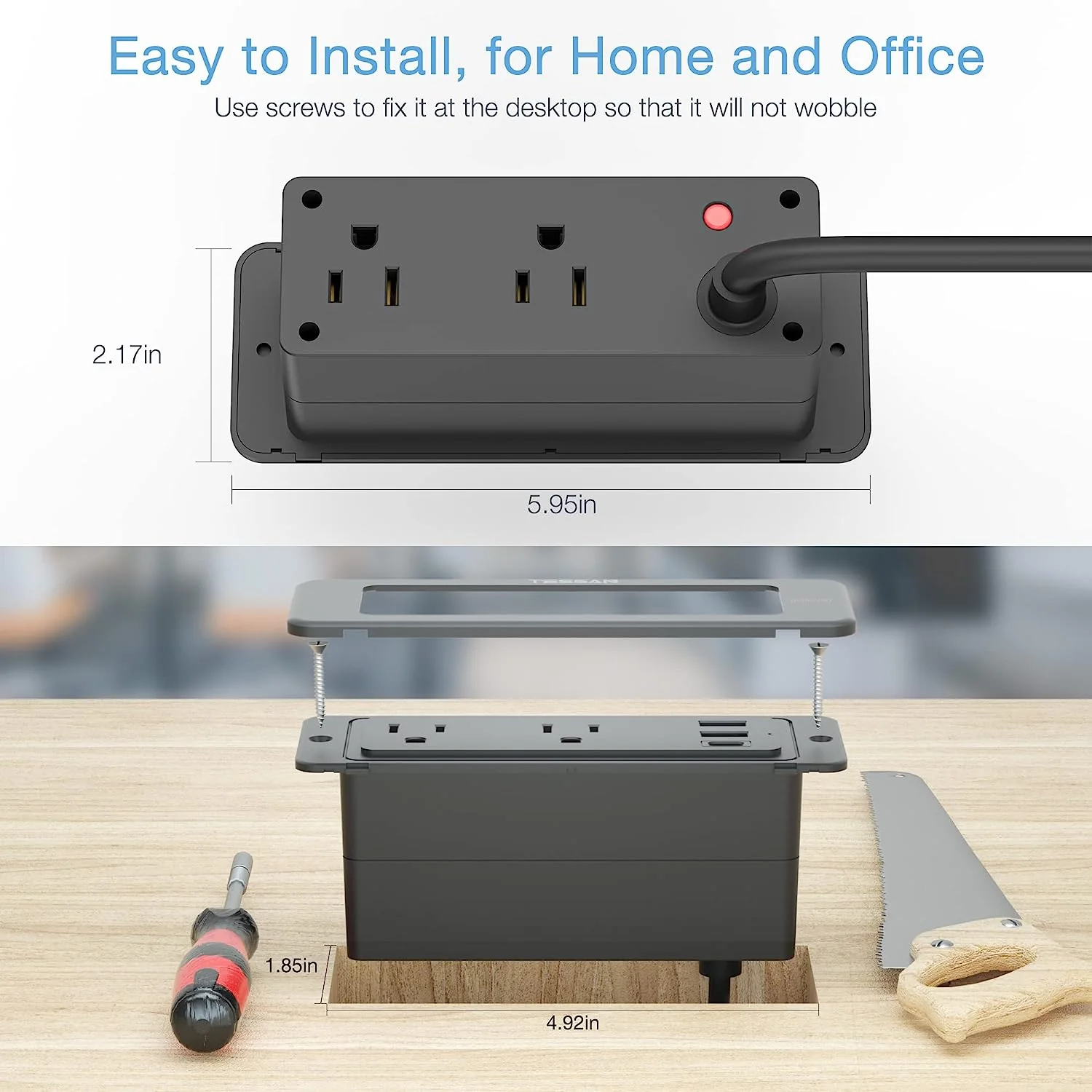 TESSAN Ultra-Thin Flat Plug 5ft with 4 Outlets 3 USB Charger(1 USB C Port), Recessed Power Strip Surge Protector - Image 6
