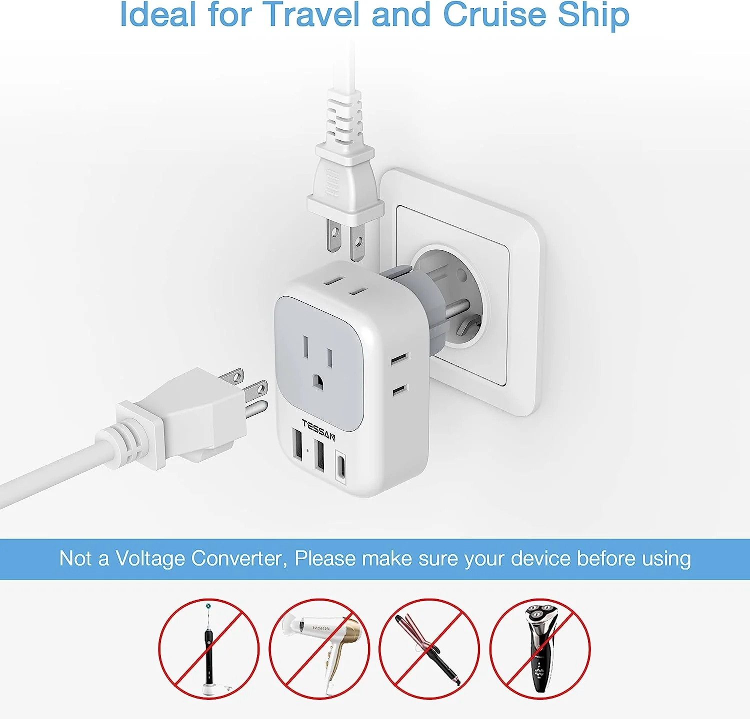 TESSAN Germany France Power Adapter with 4 AC Outlets and 3 USB Ports(1 USB C) - Image 6