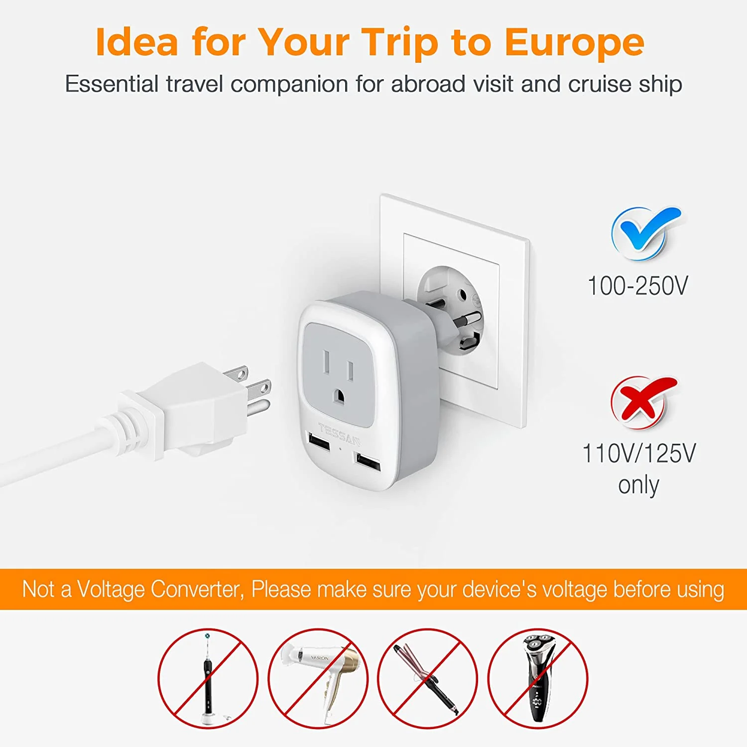 TESSAN International Power Adaptor 2 USB, European Travel Plug Adapter 3 Pack - Image 5