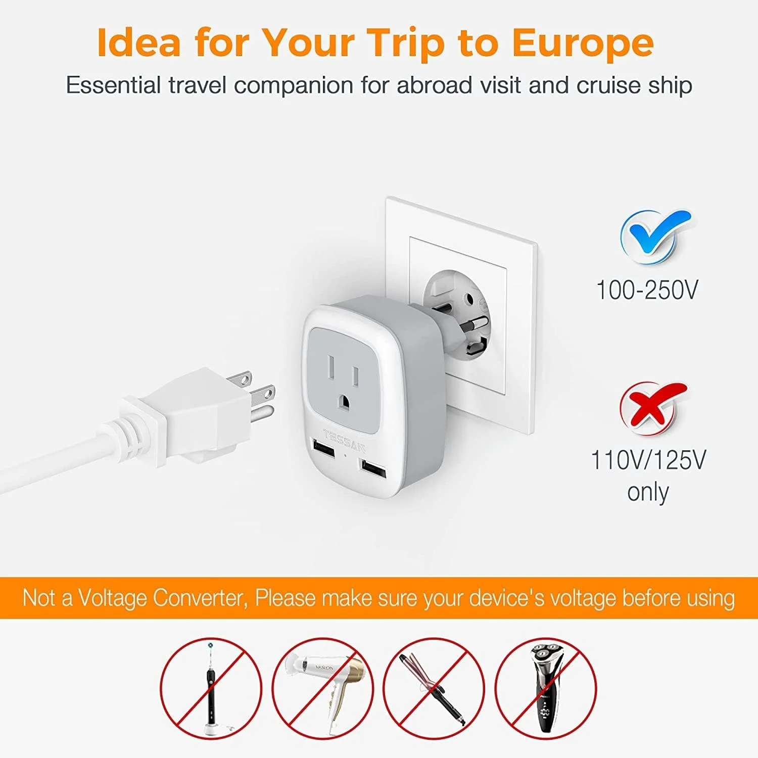 TESSAN International Power Outlet Adaptor with 2 USB, 2 Pack - Image 5