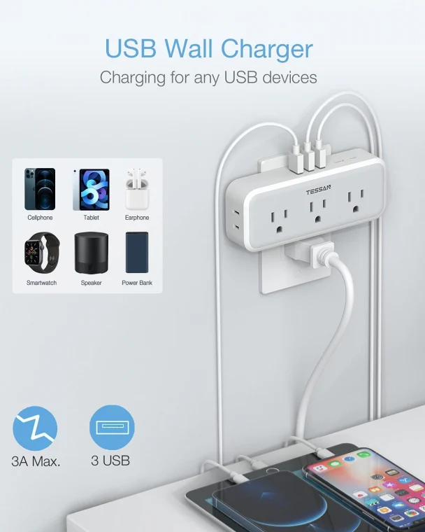 TESSAN Multi Outlet Extender, Surge Protection, Compact Design Saving Space For Other Electronics - Image 3