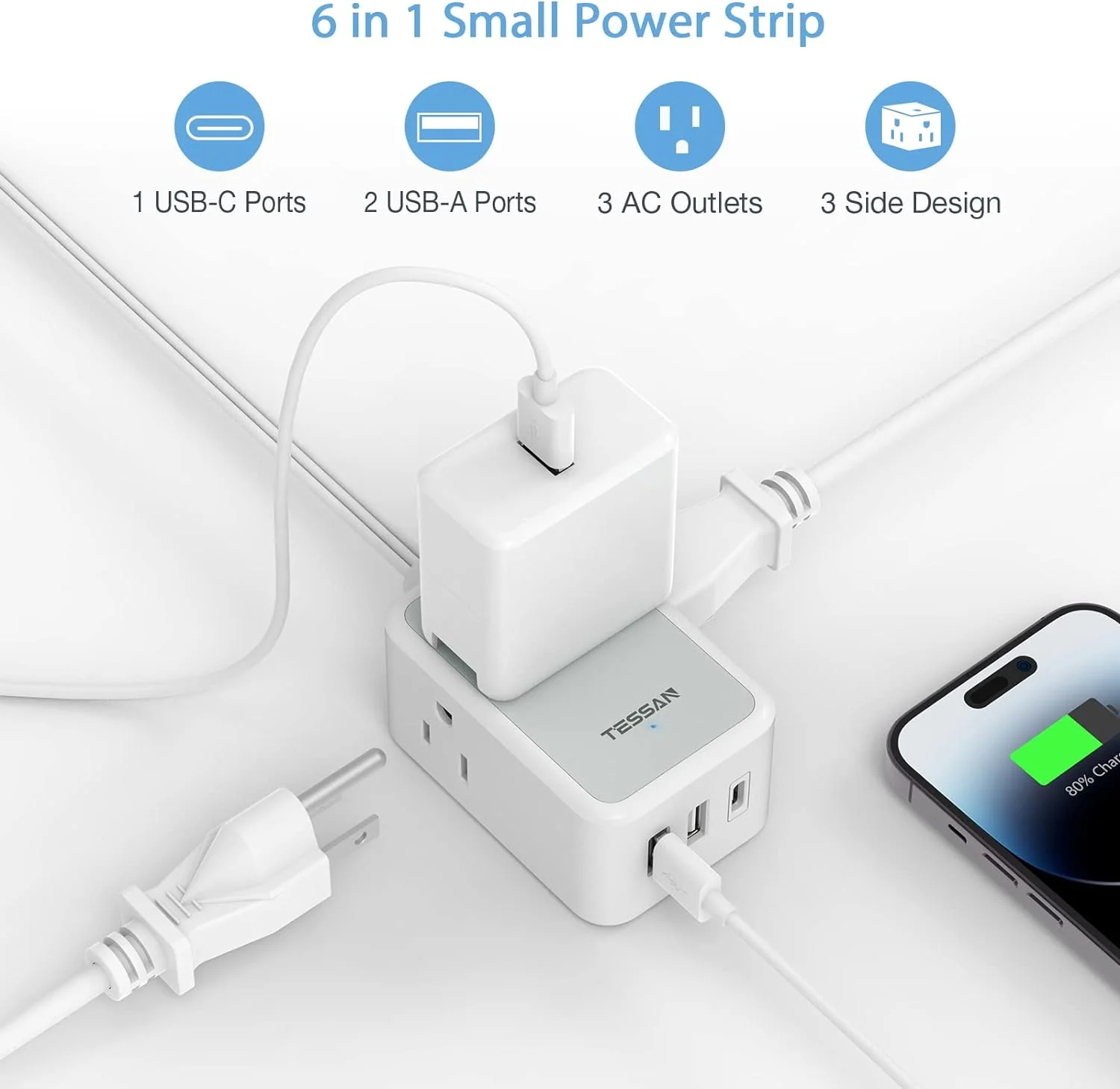 TESSAN Small Flat Plug Power Strip with 3 USB Charger (1 USB C), Ultra Thin Flat Extension Cord 10 FT - Image 4