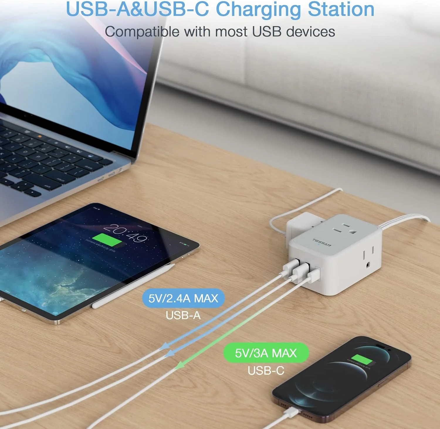 TESSAN Small Flat Plug Power Strip with 3 USB Charger (1 USB C), Ultra Thin Flat Extension Cord 10 FT - Image 5