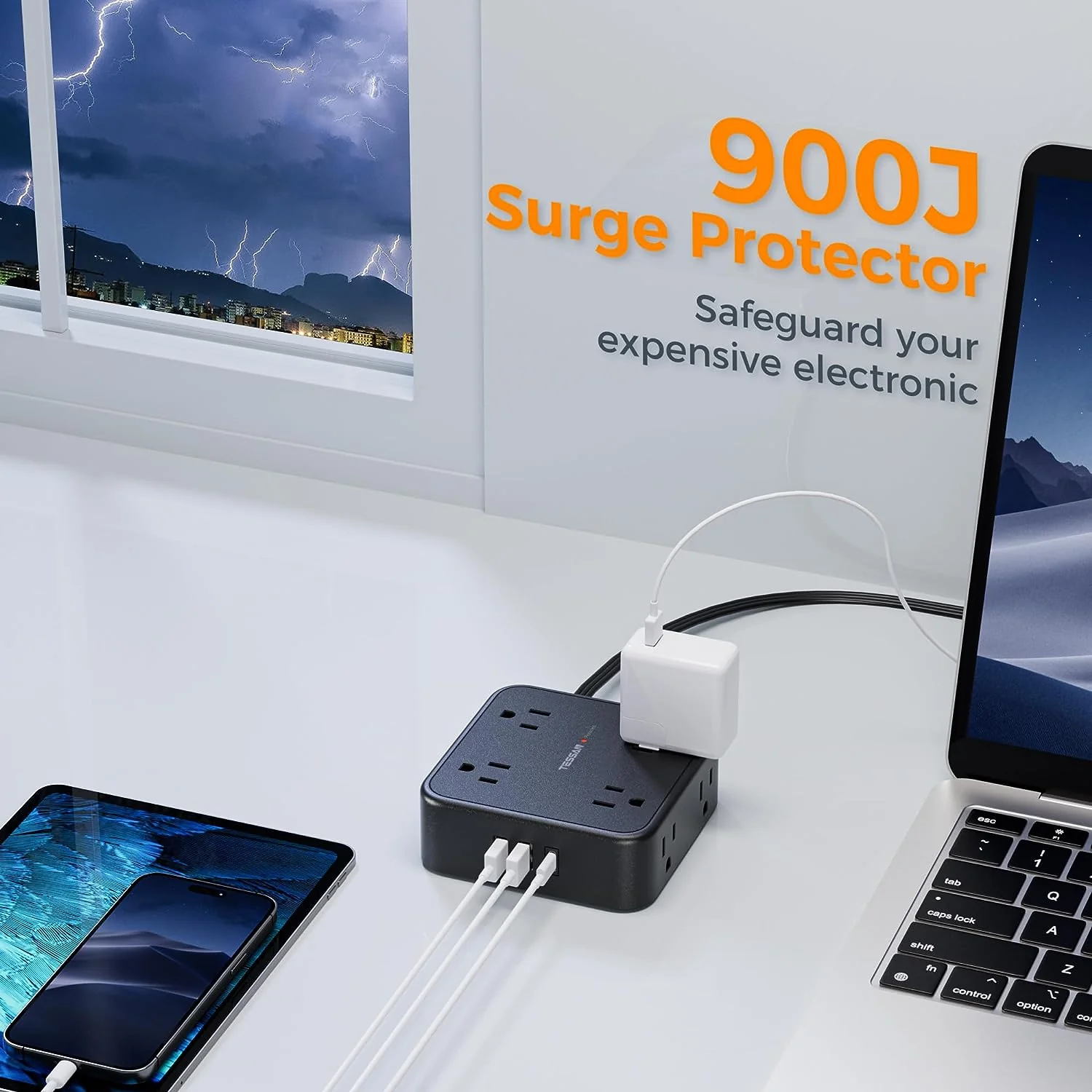 TESSAN Surge Protector Flat Plug Power Strip, Black Extension Cord, 8 AC Outlets, 3 USB Charger(1 USB C Port) - Image 5