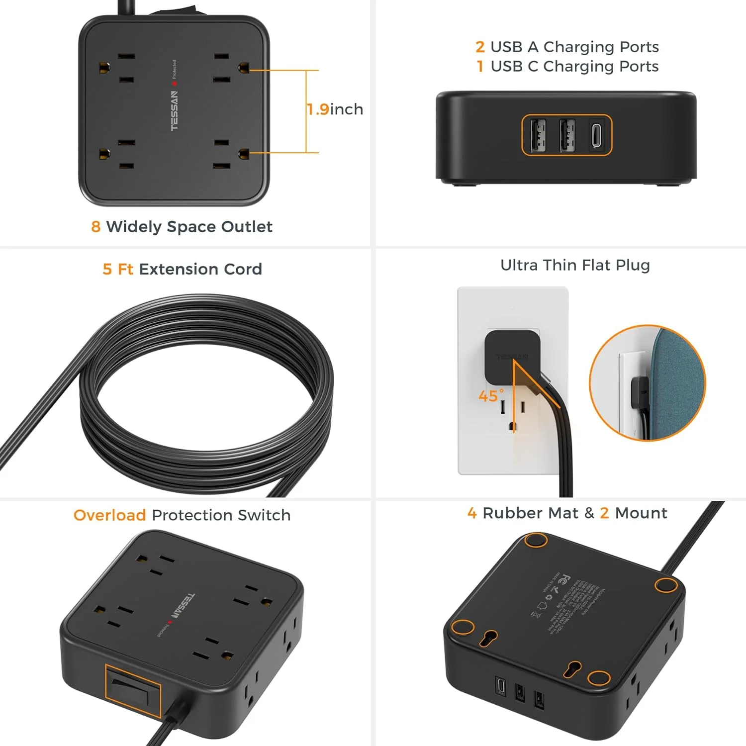 TESSAN Surge Protector Flat Plug Power Strip, Black Extension Cord, 8 AC Outlets, 3 USB Charger(1 USB C Port) - Image 6