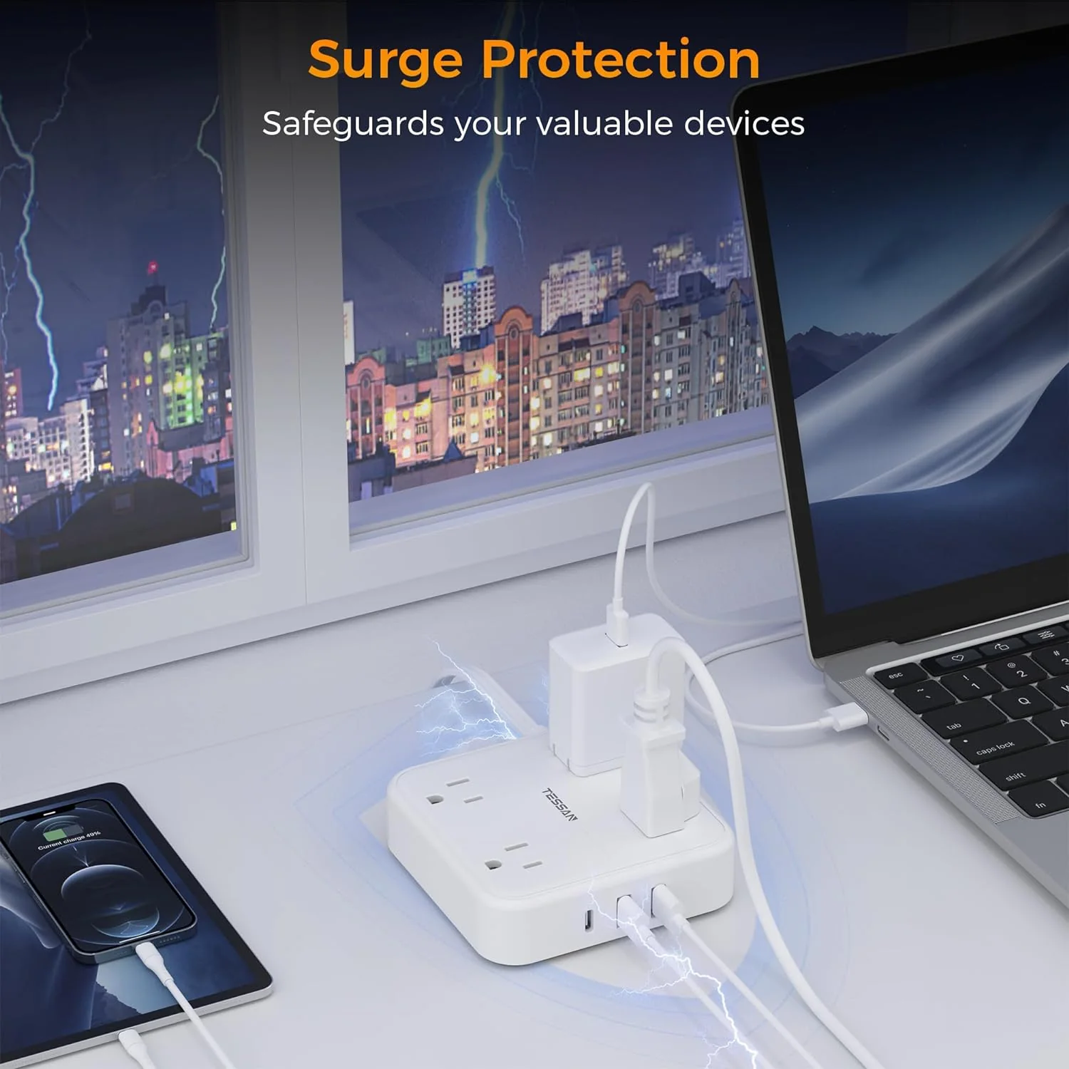 TESSAN Surge Protector Power Strip 10 Feet with 4 Outlets 3 USB Wall Charger (1 USB C), Flat Extension Cord 10 FT - Image 5