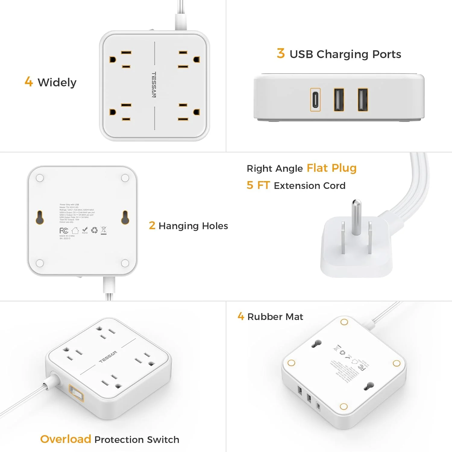 TESSAN Surge Protector Power Strip 10 Feet with 4 Outlets 3 USB Wall Charger (1 USB C), Flat Extension Cord 10 FT - Image 6