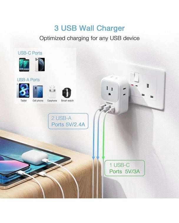 TESSAN US To UK/HK/Saudi Arabia Travel Adapter PD 15W - Image 4
