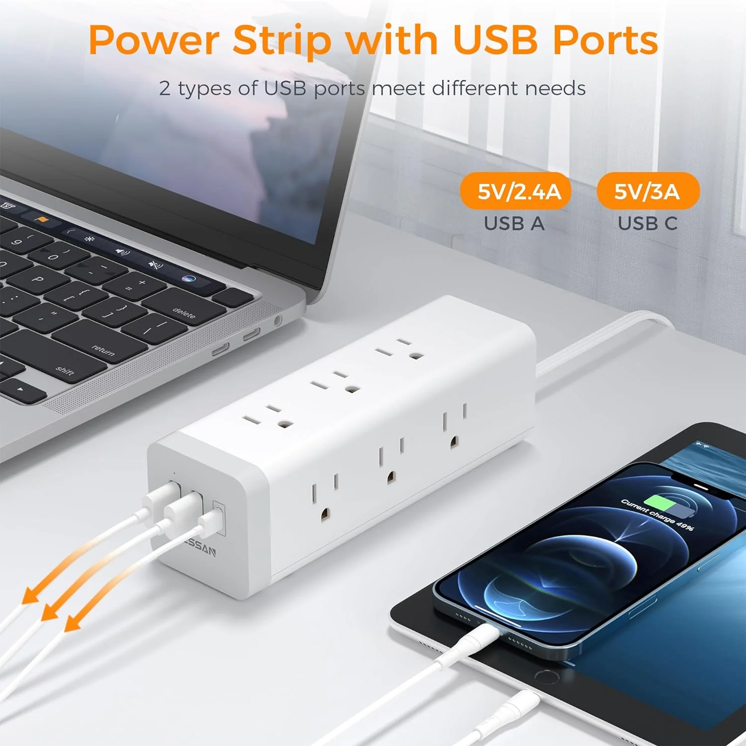 TESSAN Ultra Thin Flat Plug 6 FT Extension Cord with 9 Outlets 3 USB (1 USB C), Surge Protector Power Strip - Image 4