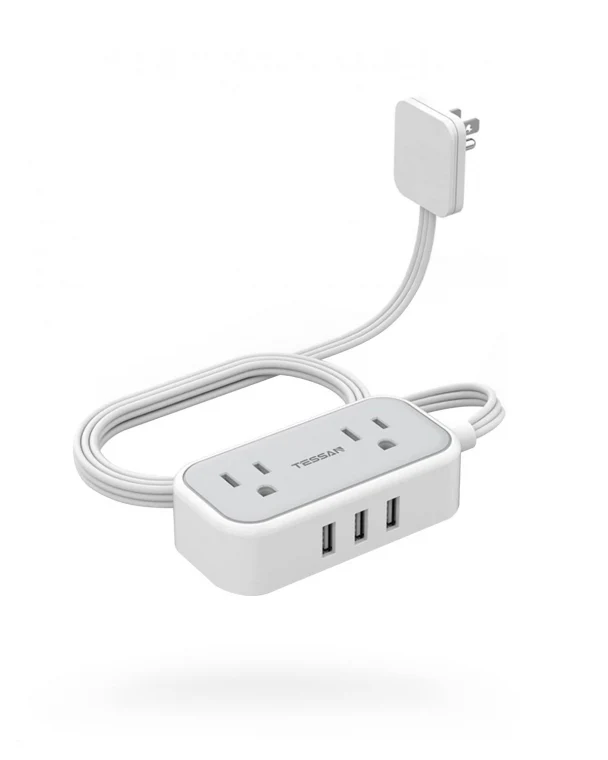 TESSAN Travel Power Strip 5 FT Extension Cord Flat Plug With 2 Outlets 3 USB Ports - Image 8