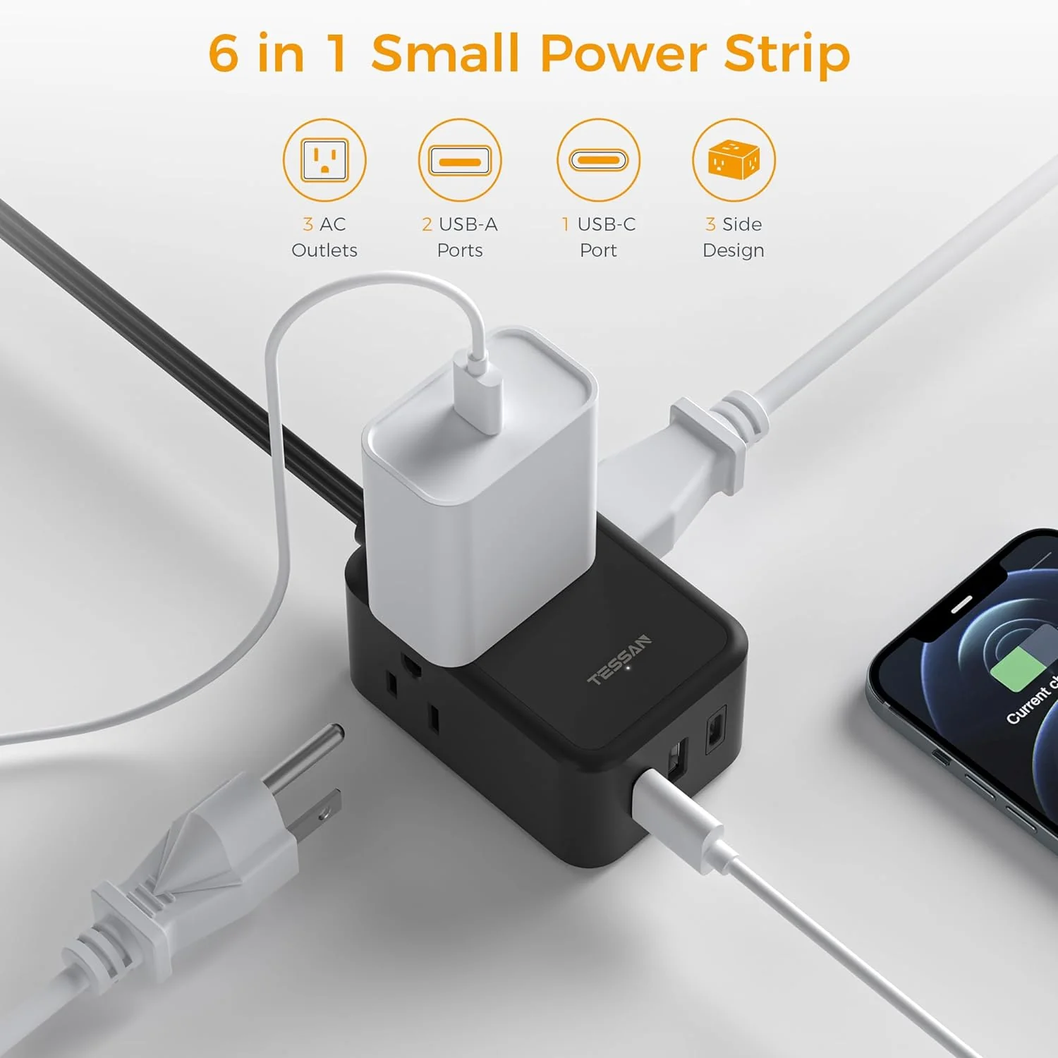 TESSAN Ultra Thin Power Strip with 3 USB Wall Charger (1 USB C), Flat Black Extension Cord - Image 3