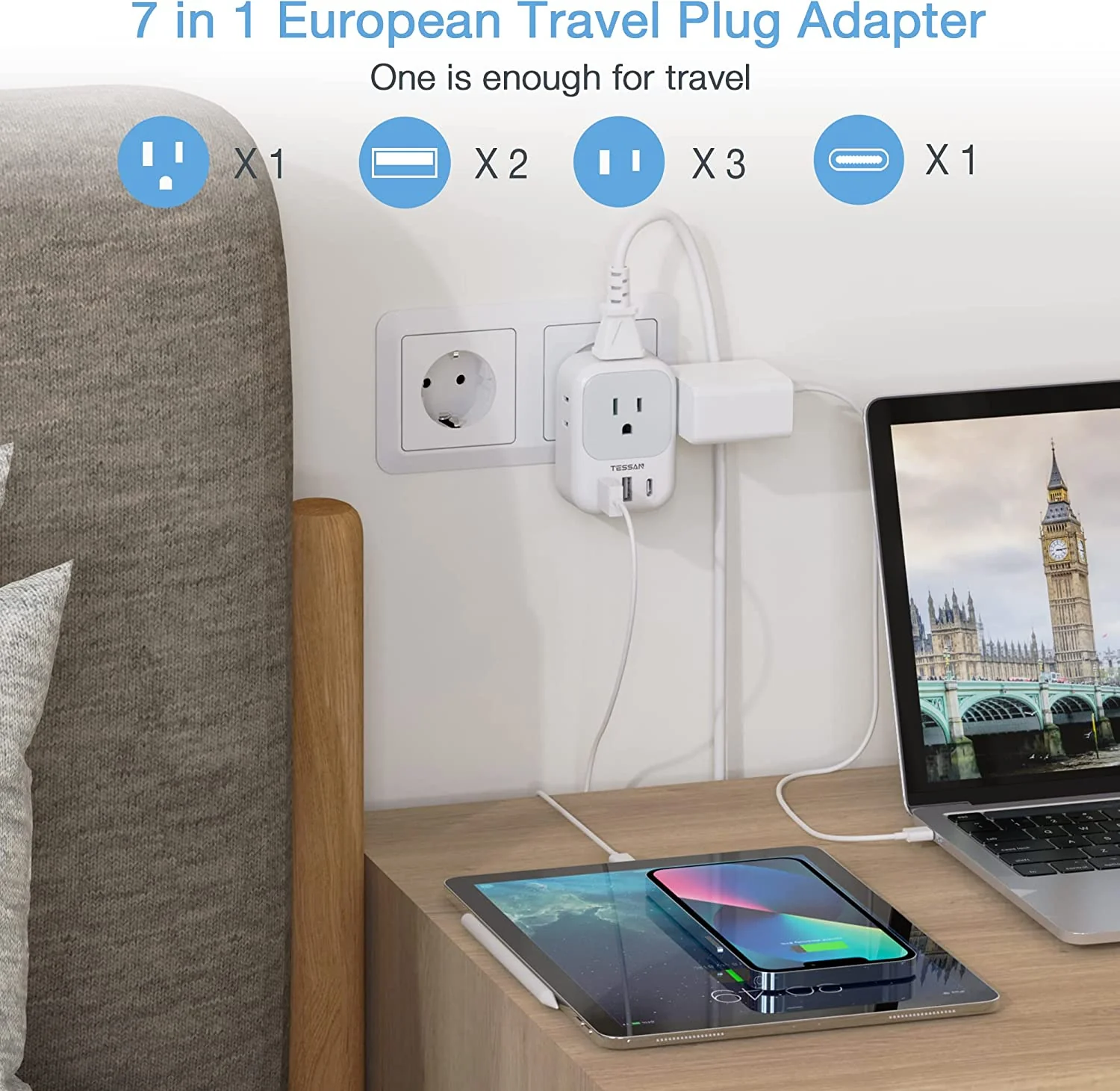TESSAN US to Europe Power Adapter with 4 AC Outlets and 3 USB (1 USB C), 3 Pack - Image 3