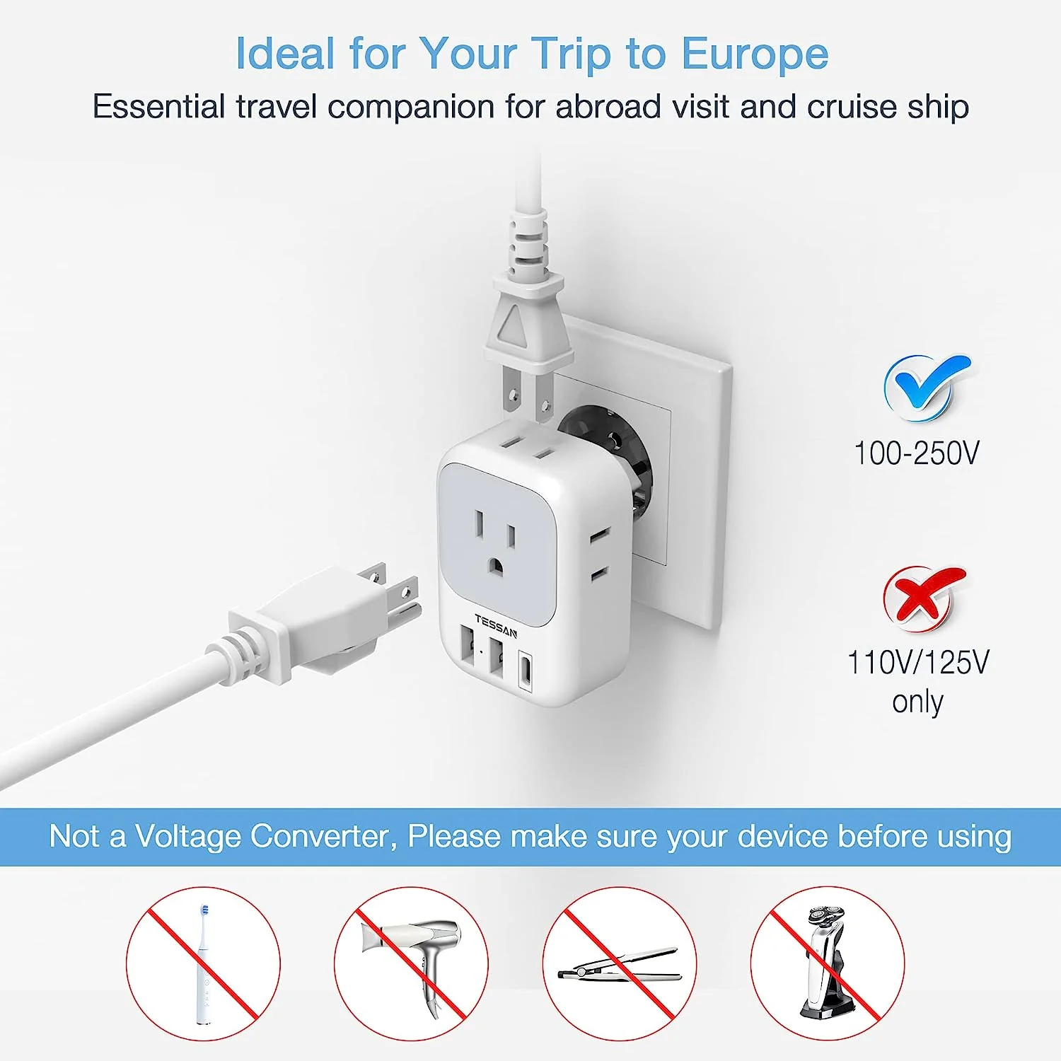 TESSAN US to Europe Power Adapter with 4 AC Outlets and 3 USB (1 USB C), 3 Pack - Image 5