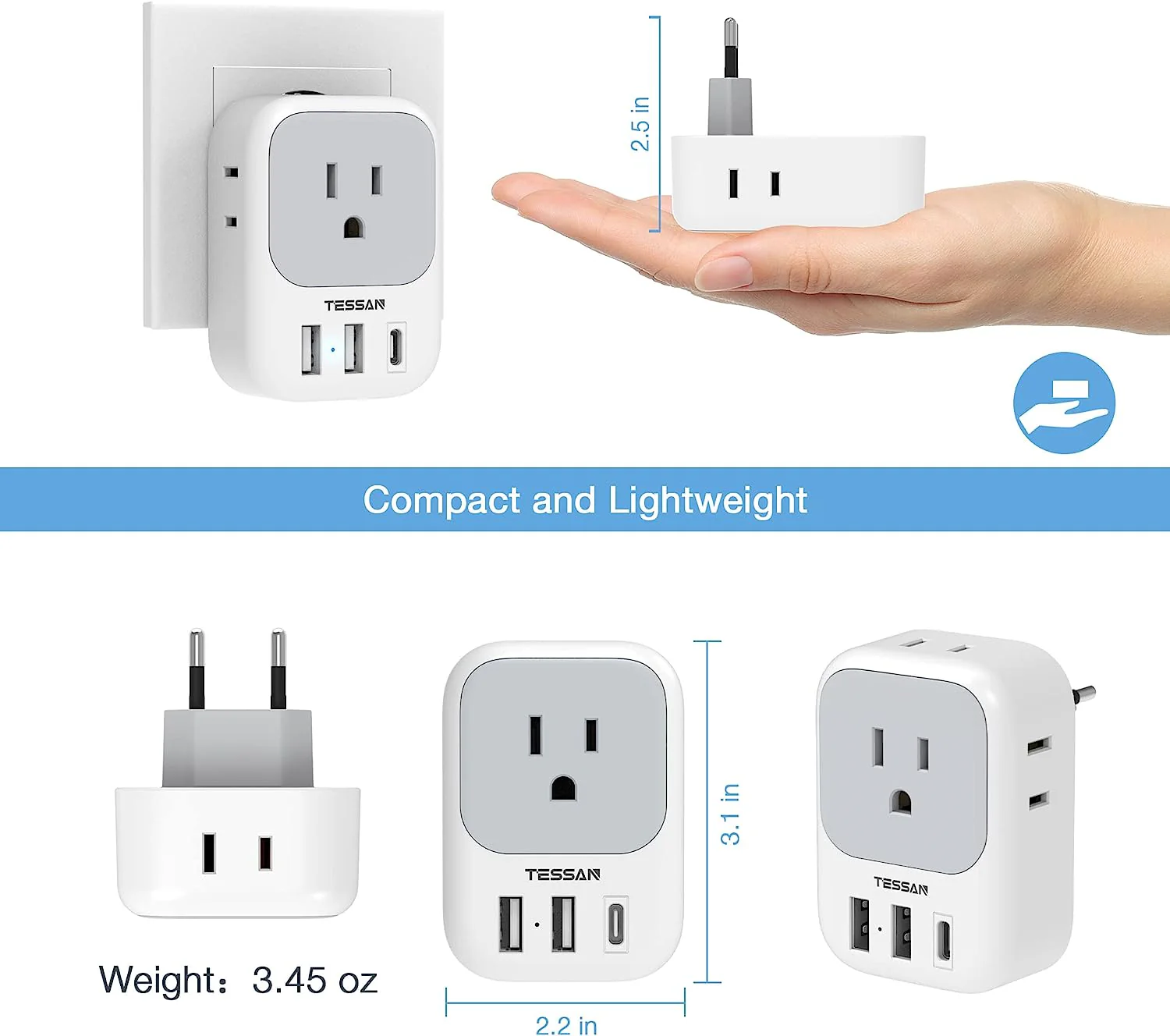 TESSAN US to Europe Power Adapter with 4 AC Outlets and 3 USB (1 USB C), 3 Pack - Image 6
